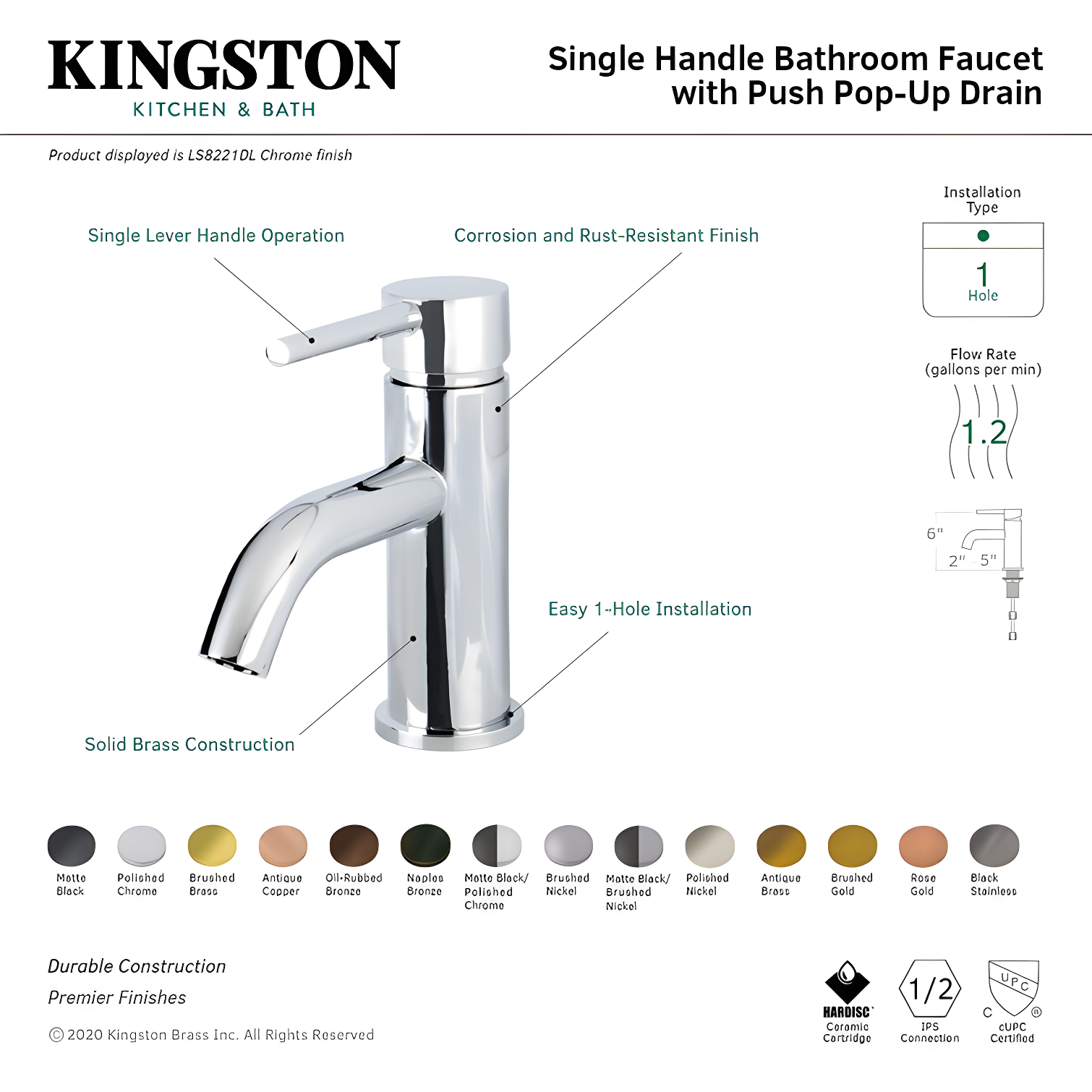 Kingston Brass Concord Single-Handle 1-Hole Deck Mount Bathroom Faucet with Push Pop-Up