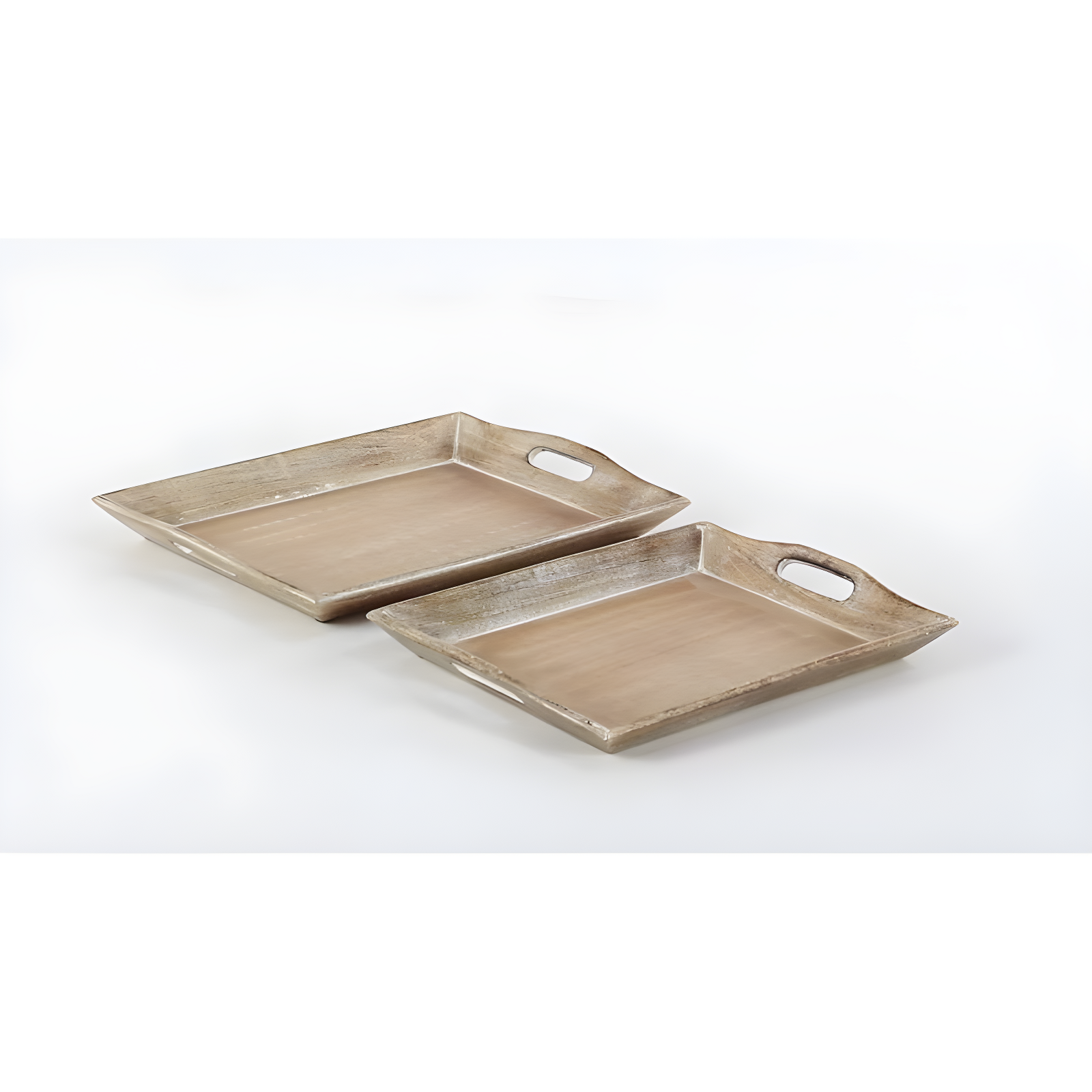 Olivia & May Set of 2 Traditional Whitewashed Natural Mango Wood Serving Trays Brown: Ottoman Style, with Handles