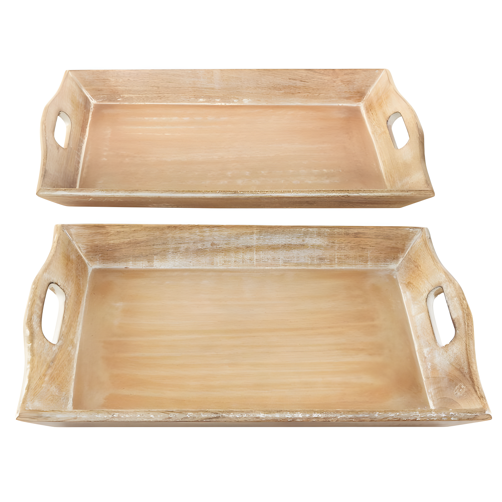 Olivia & May Set of 2 Traditional Whitewashed Natural Mango Wood Serving Trays Brown: Ottoman Style, with Handles