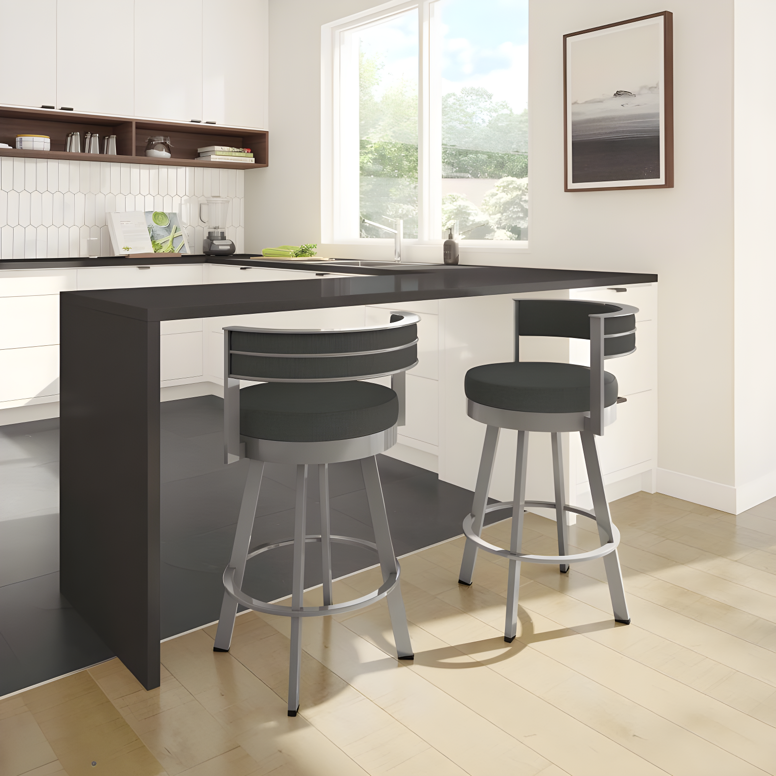 26.13" Browser Swivel Counter Height Barstool with Upholstered Seat - Amisco: Metal Frame & Footrest