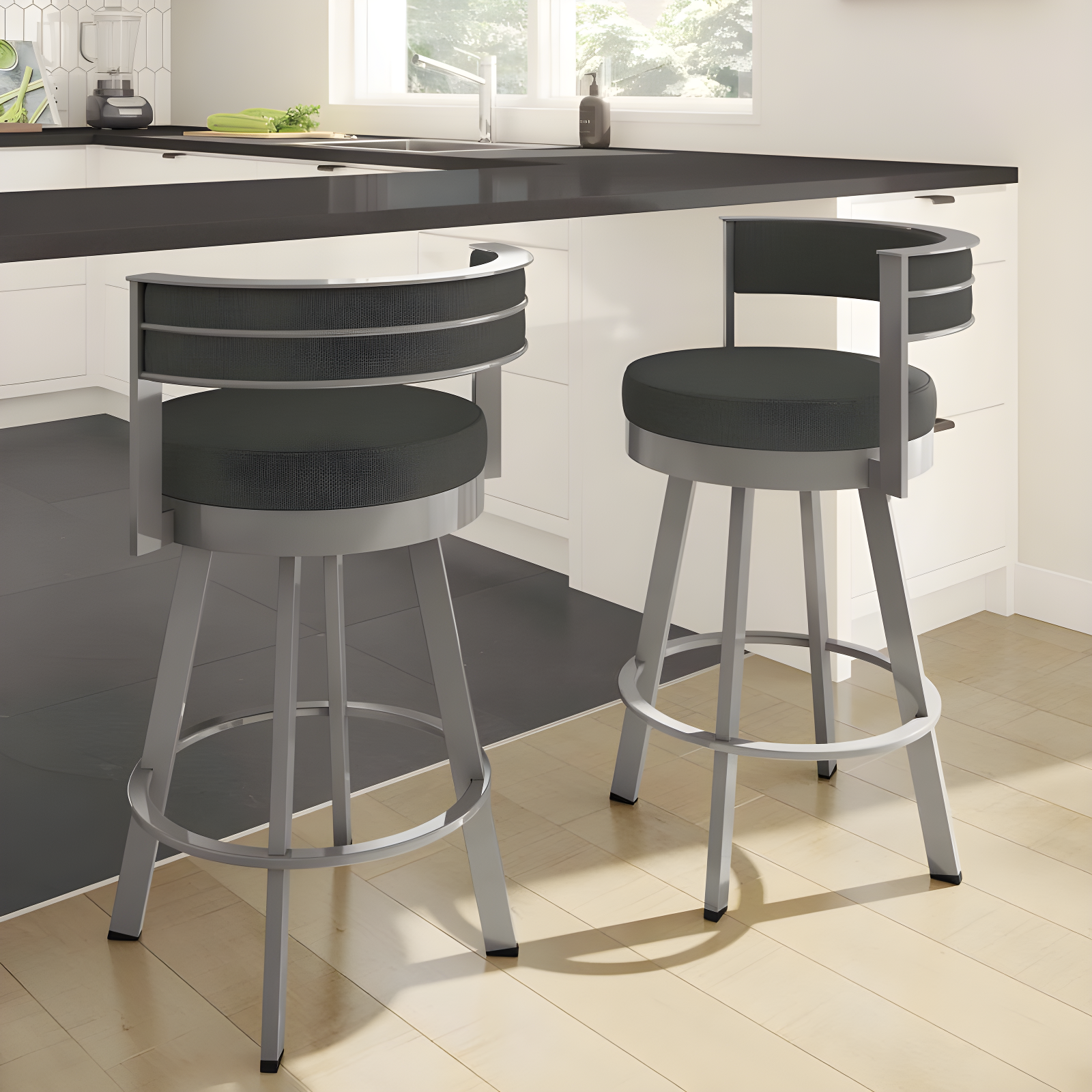 26.13" Browser Swivel Counter Height Barstool with Upholstered Seat - Amisco: Metal Frame & Footrest
