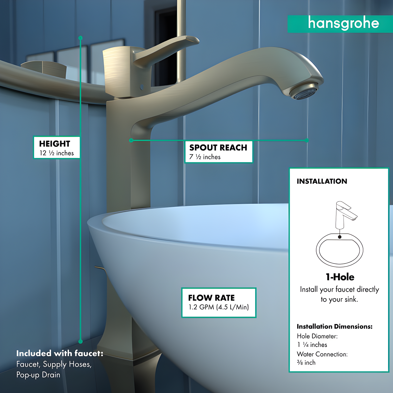 Hansgrohe Metropol Classic Single-Hole Faucet 260 with Drain Assembly, 1.2 GPM