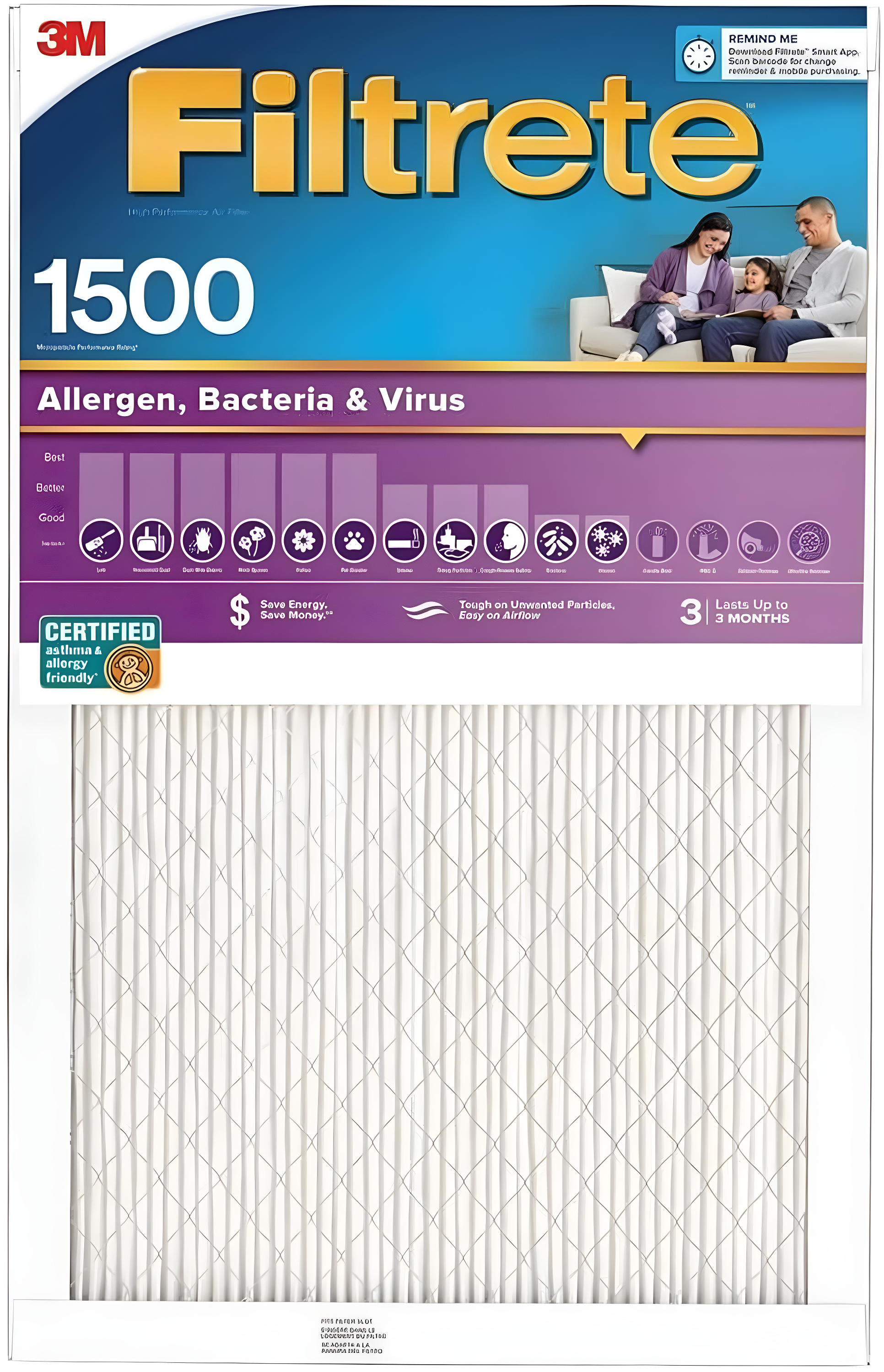 Filtrete 16x25x1 HVAC Furnace Air Filter, MPR 1500 MERV 12, Allergen, Bacteria and Virus, 1 Filter