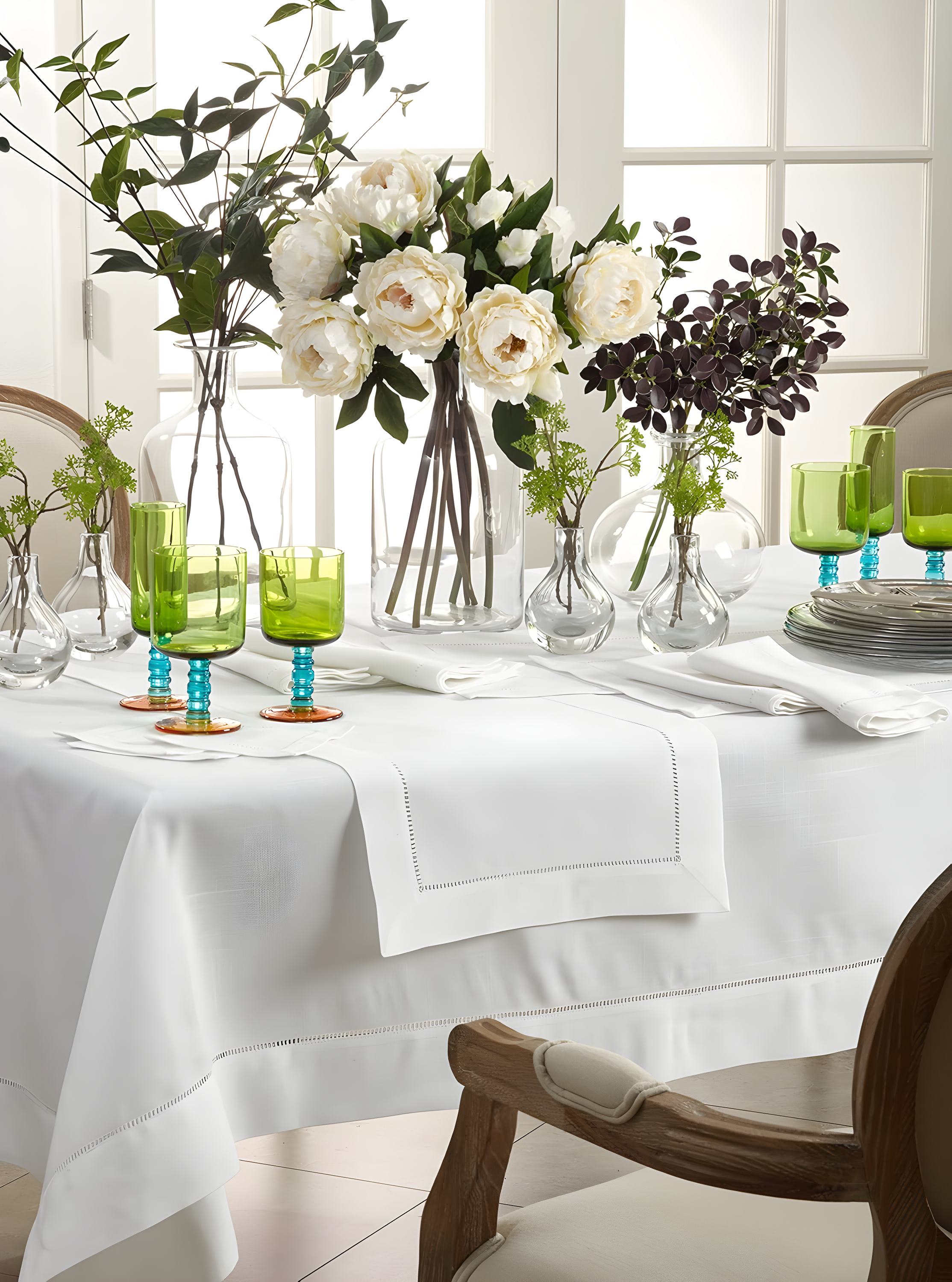 70"x120" Hemstitch Border Design Tablecloth White - Saro Lifestyle: Rectangle, Machine Washable, Solid Pattern