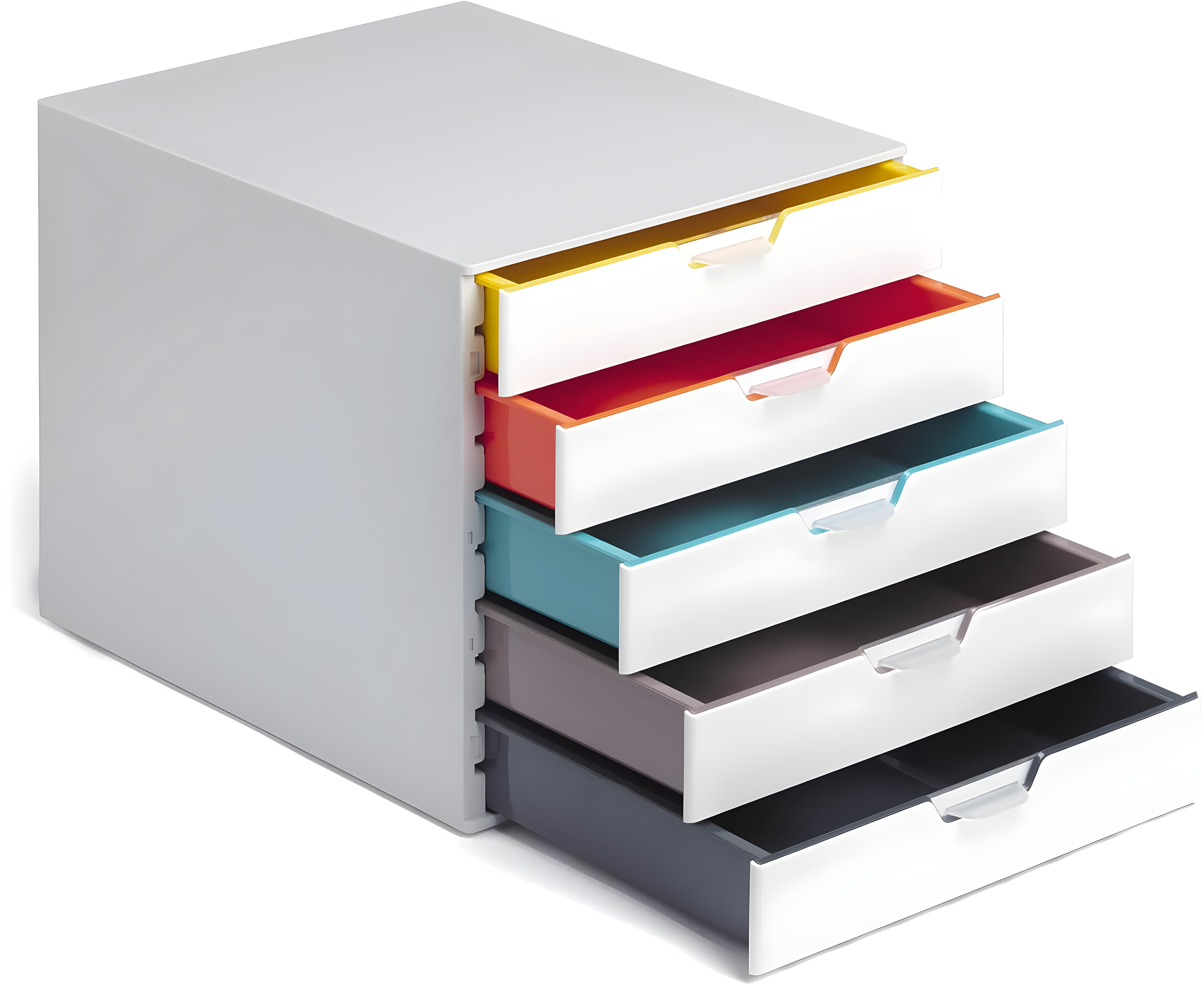 DURABLE Desktop Drawer Organizer (VARICOLOR MIX 5 Compartments with Removable Labels) 11" w x 14" d x 11.375" h, White & Multicolored (762527)