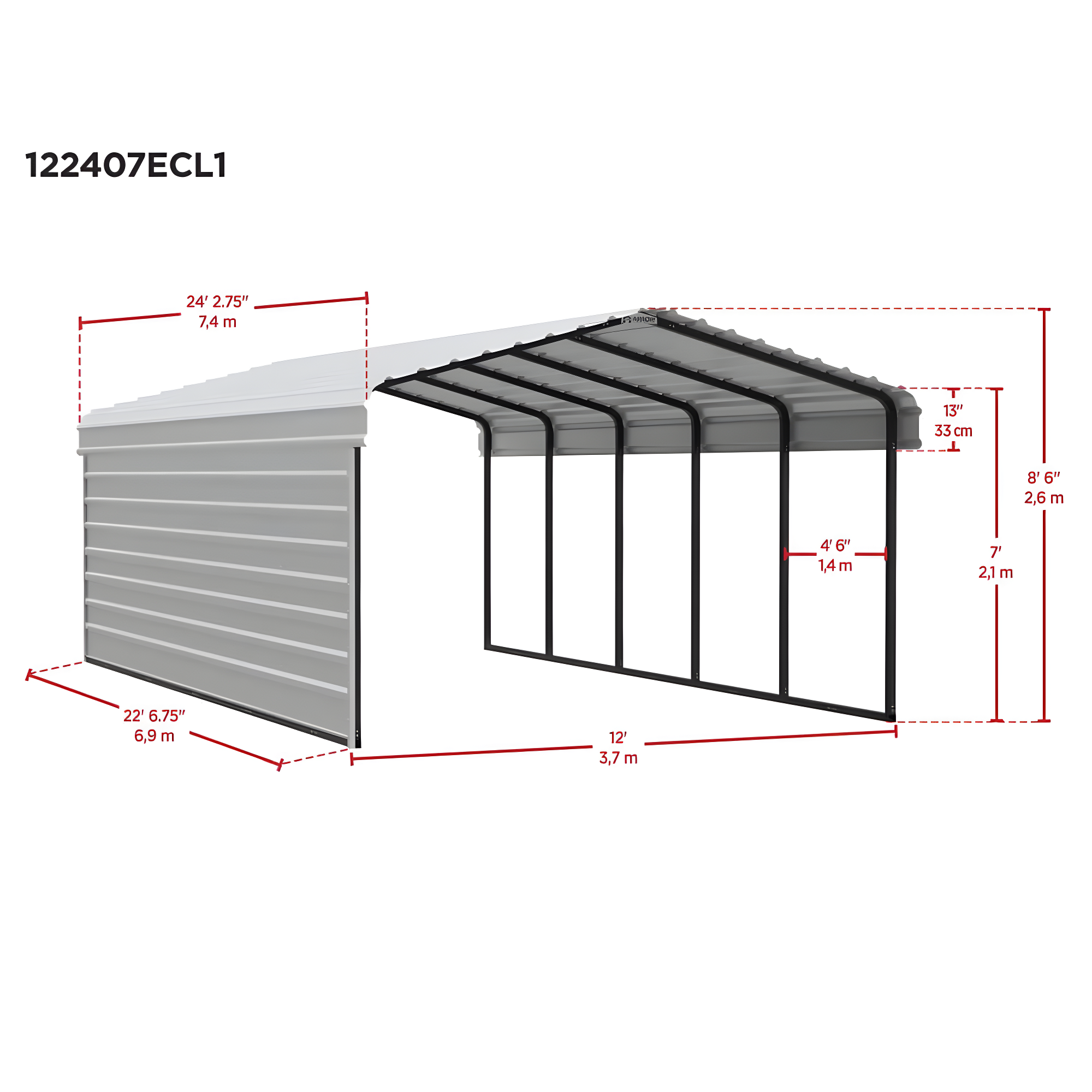 Arrow Arrow Steel Carport with 1 Side Wall Kit, 12X24X07