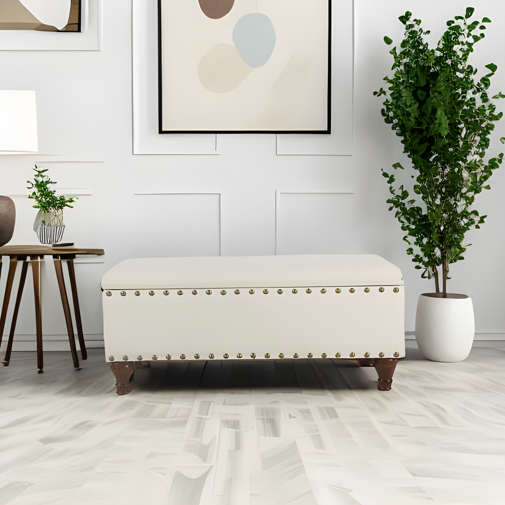 Large Storage Bench with Nailhead Trim Cream - HomePop