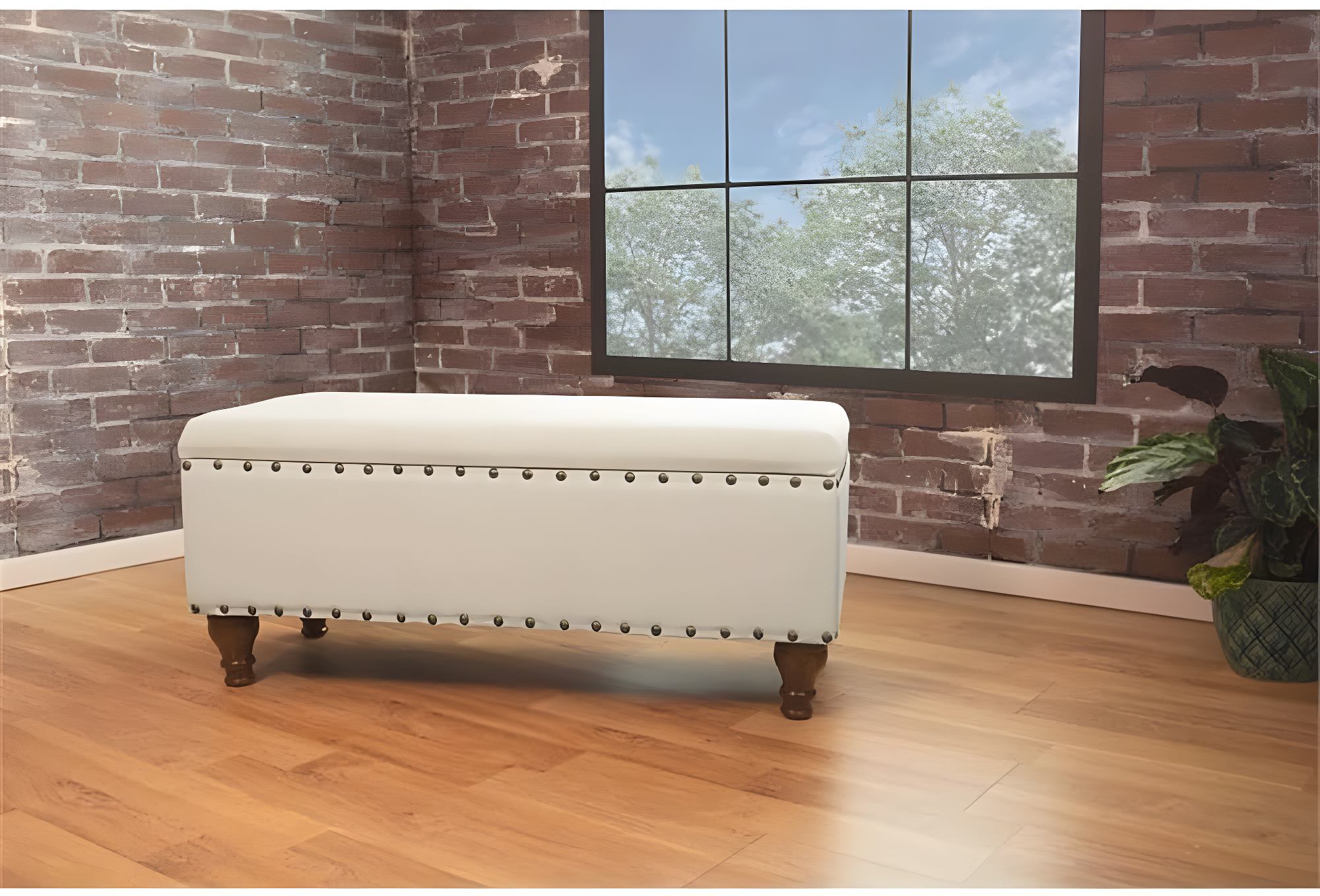 Large Storage Bench with Nailhead Trim Cream - HomePop