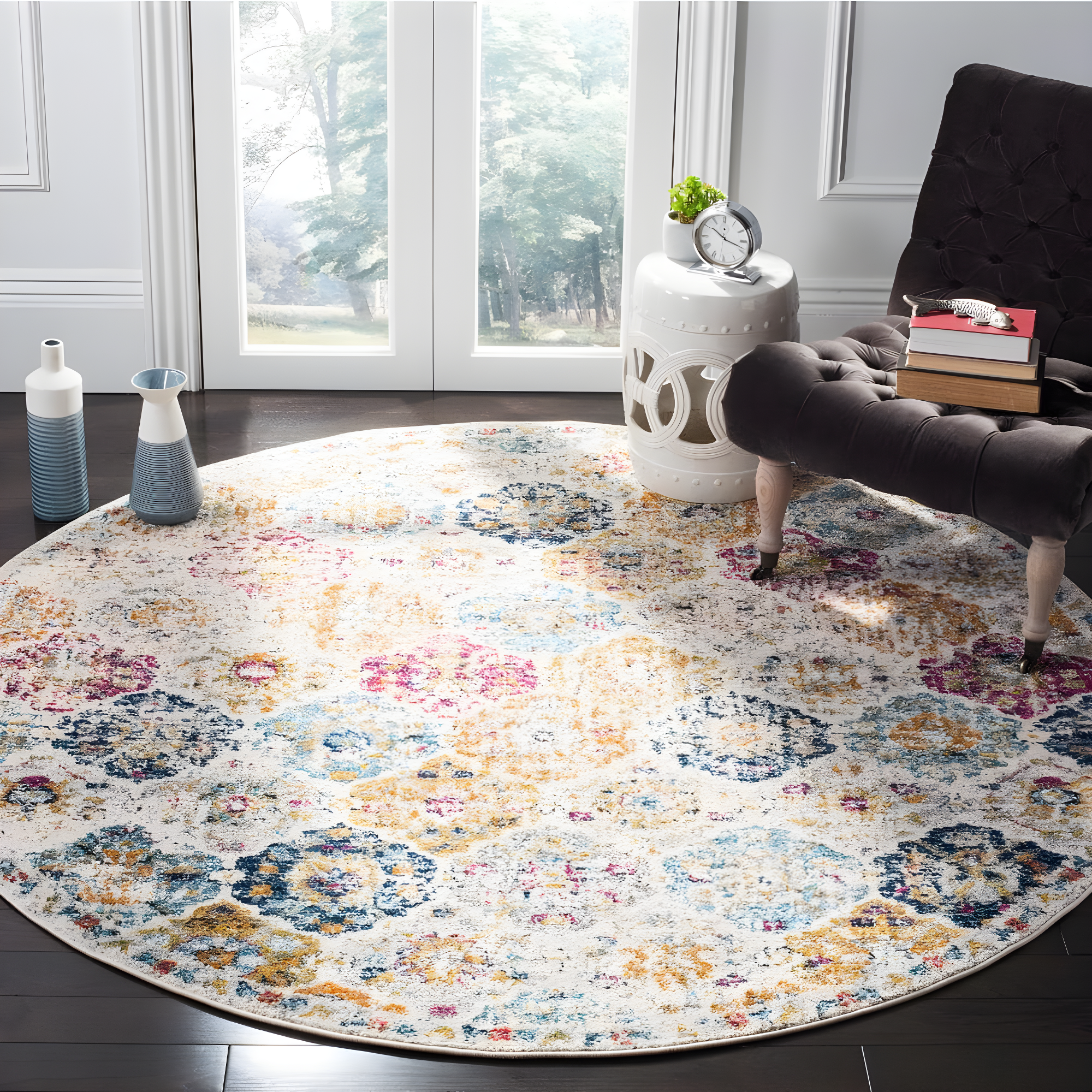 Madison MAD611 Power Loomed Indoor Area Rug - Cream/Multi - 9' Round - Safavieh