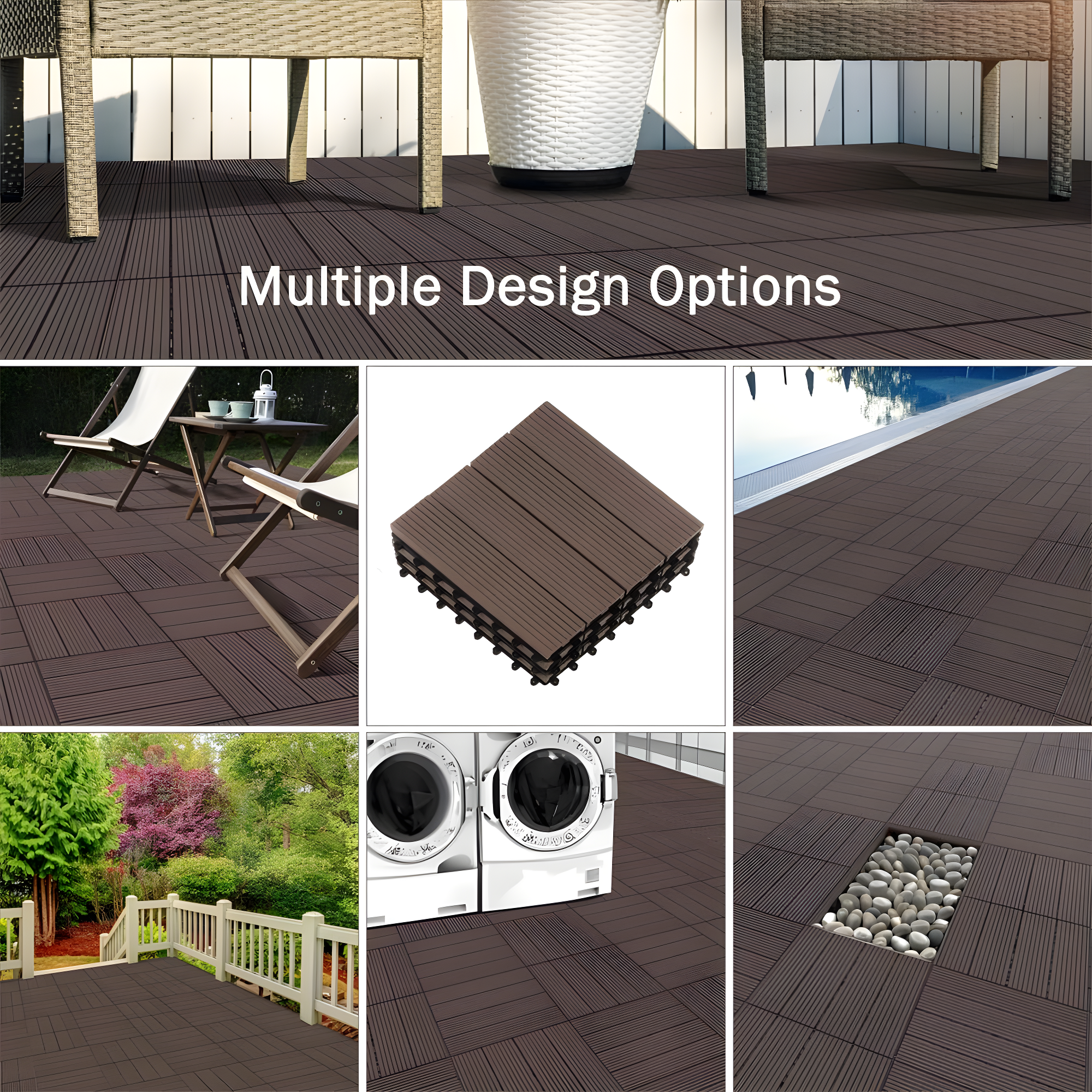 Deck Tiles - 6-Pack Wood Plastic Composite Interlocking Patio Tiles - 5.8SQFT Outdoor Flooring for Balcony, Porch, and Garage by Pure Garden