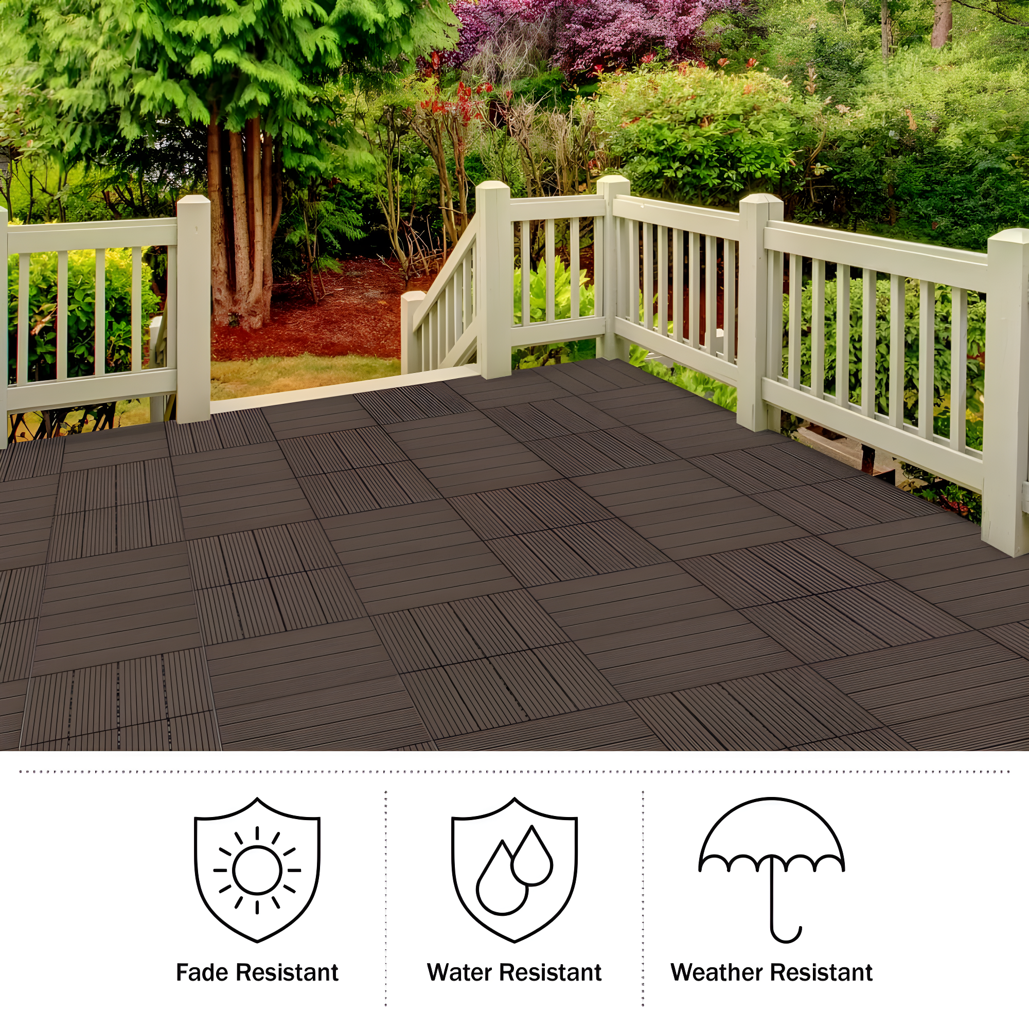Deck Tiles - 6-Pack Wood Plastic Composite Interlocking Patio Tiles - 5.8SQFT Outdoor Flooring for Balcony, Porch, and Garage by Pure Garden