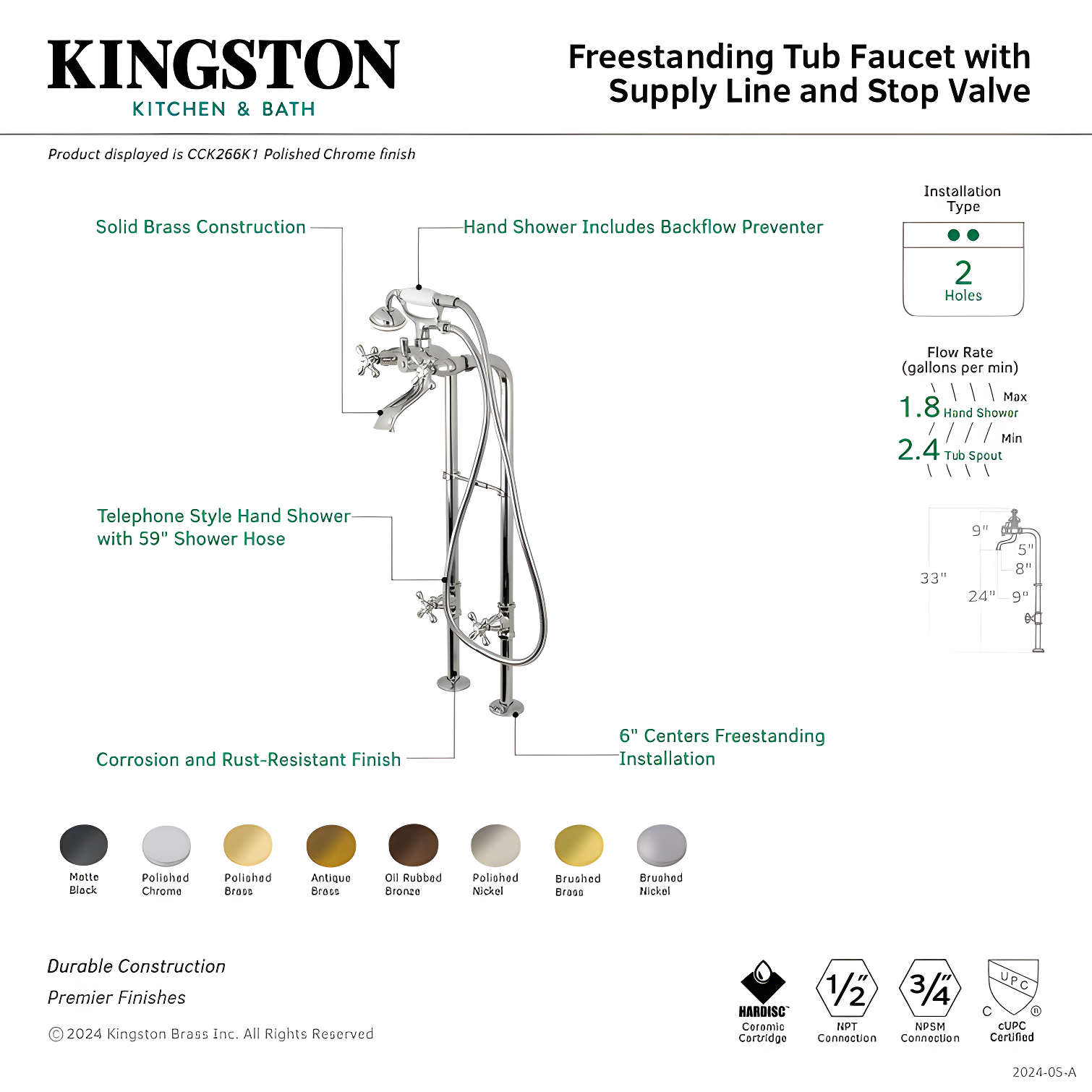 Kingston Brass Kingston Three-Handle 2-Hole Freestanding Tub Faucet with Supply Line and Stop Valve