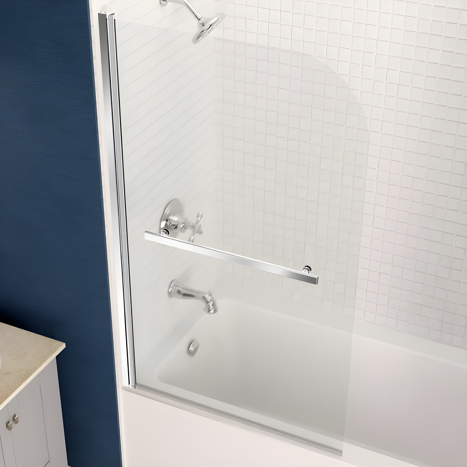Myth 28 in. W x 56 in. H Hinged Frameless Tub Door with Tsunami Guard Technology