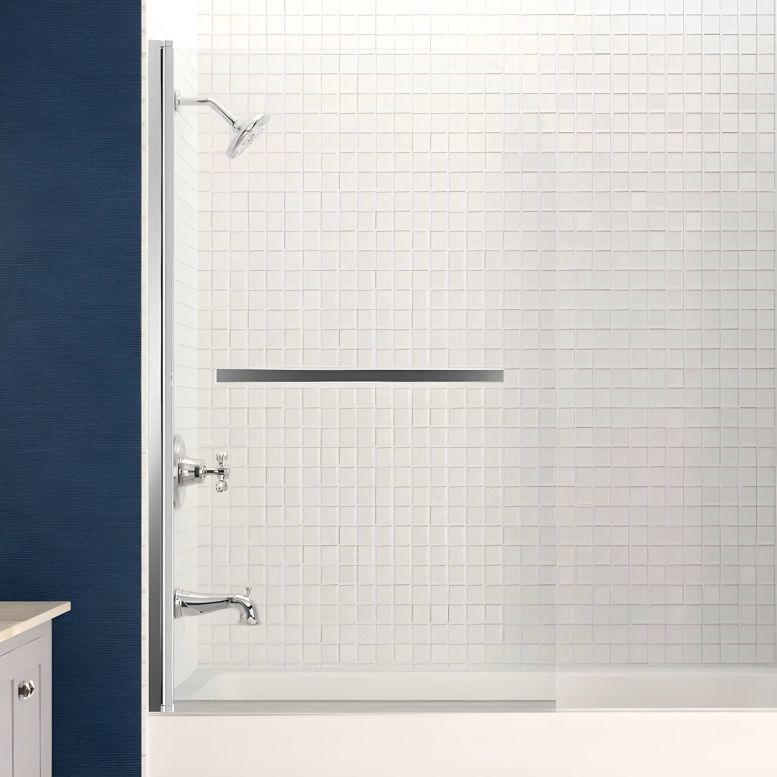 Myth 28 in. W x 56 in. H Hinged Frameless Tub Door with Tsunami Guard Technology