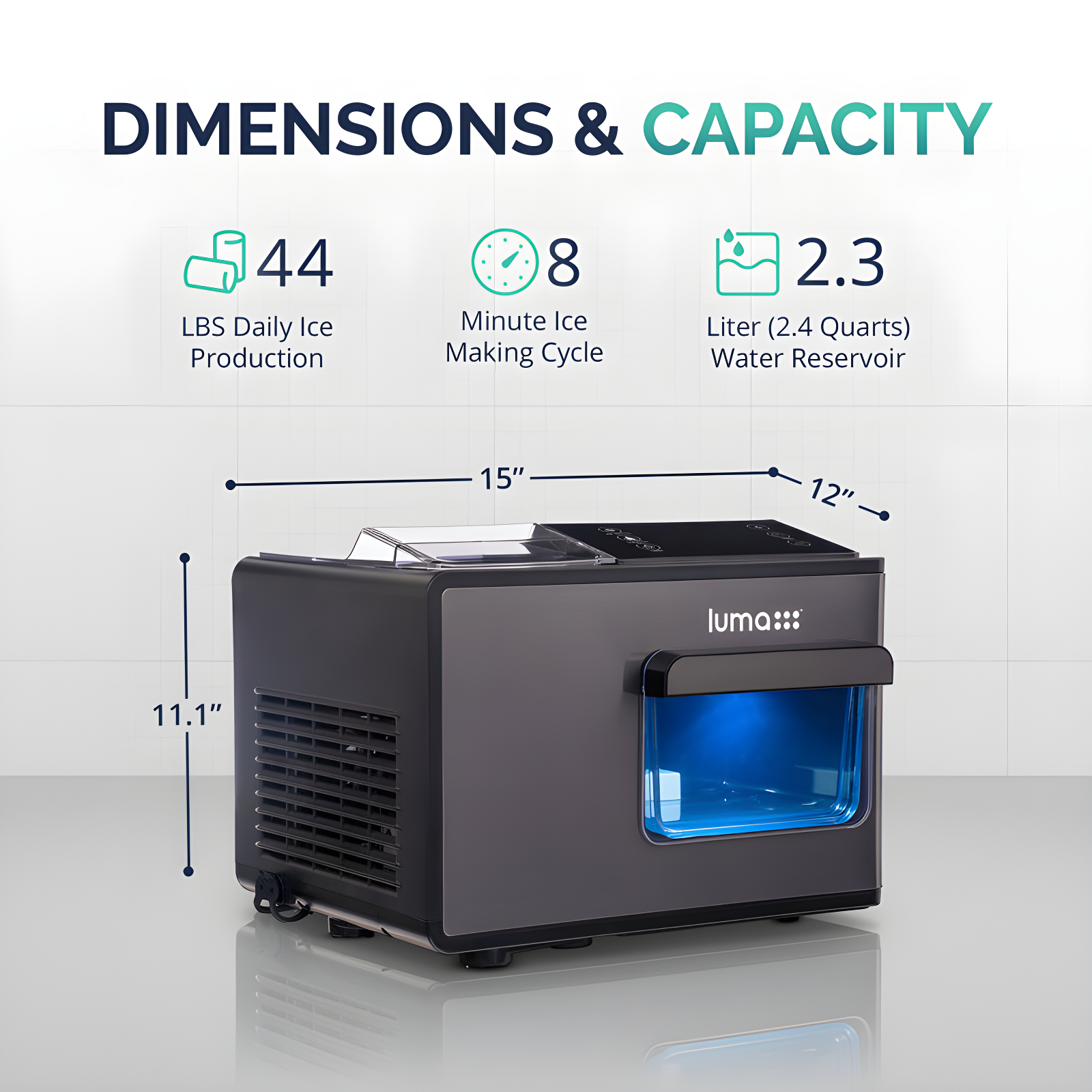 Luma Nugget Countertop Ice Maker, 44 lbs in 24 hours, Black Stainless Steel Ice Machine