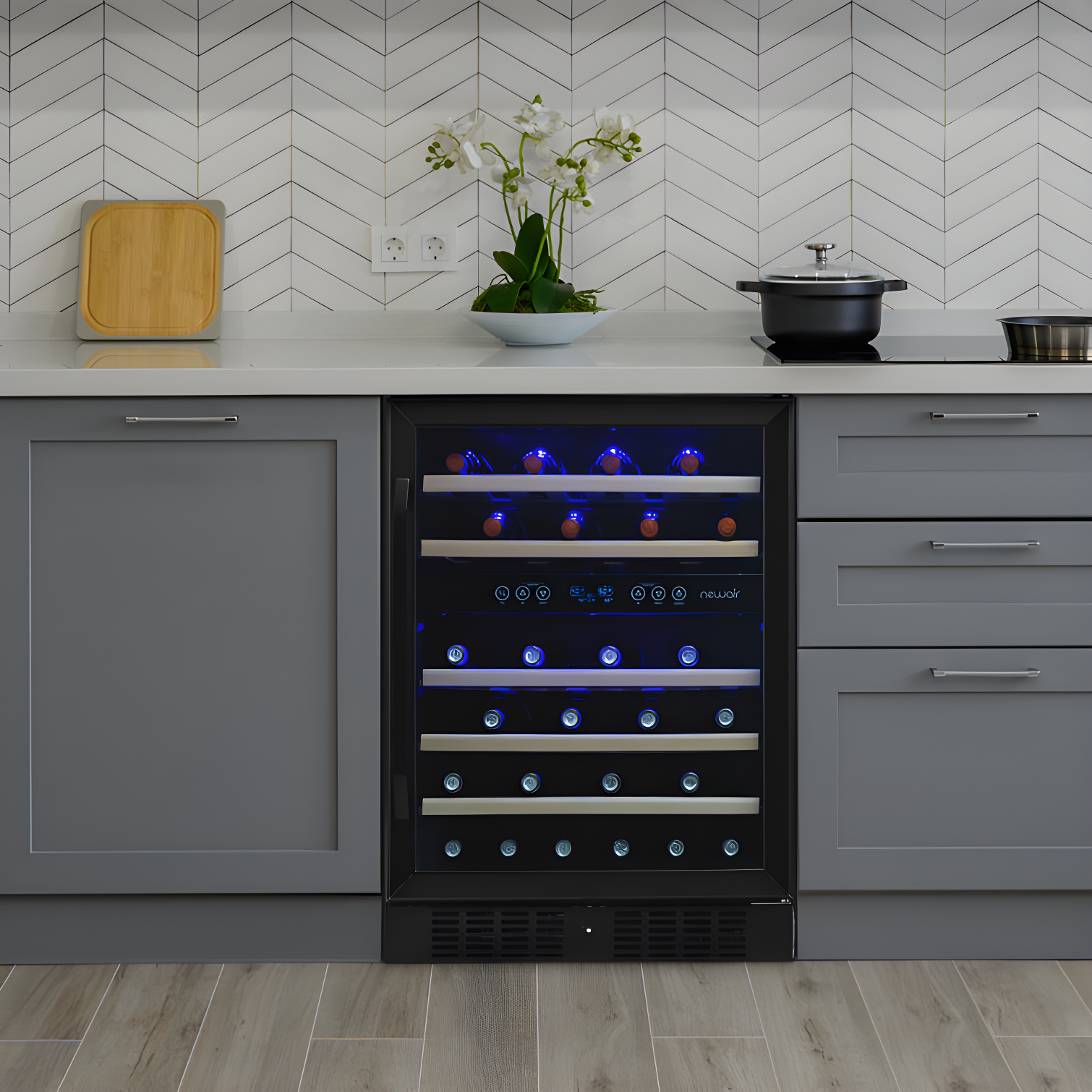 Newair 24” Built-in 46 Bottle Dual Zone Wine Cooler with Removable Beechwood Shelves in Black Stainless Steel