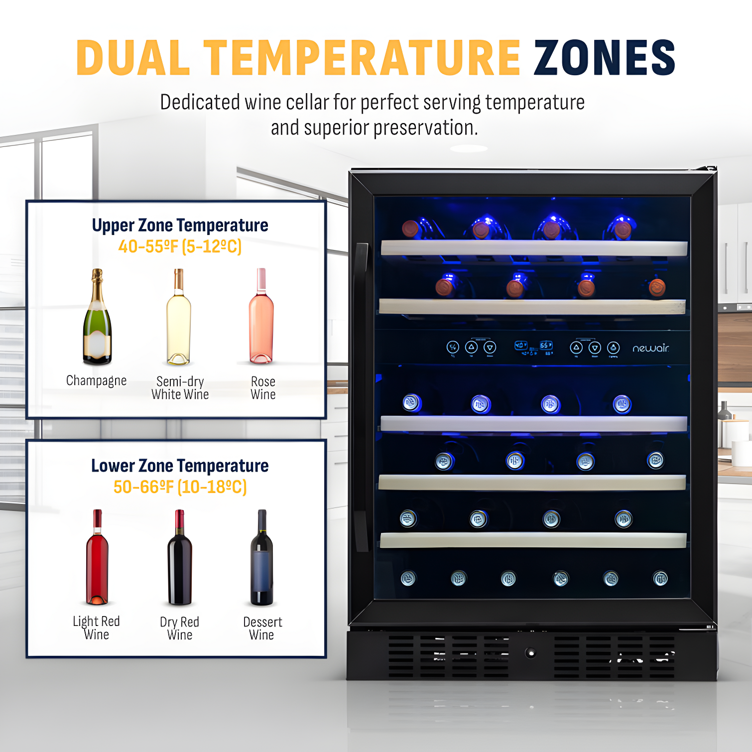 Newair 24” Built-in 46 Bottle Dual Zone Wine Cooler with Removable Beechwood Shelves in Black Stainless Steel