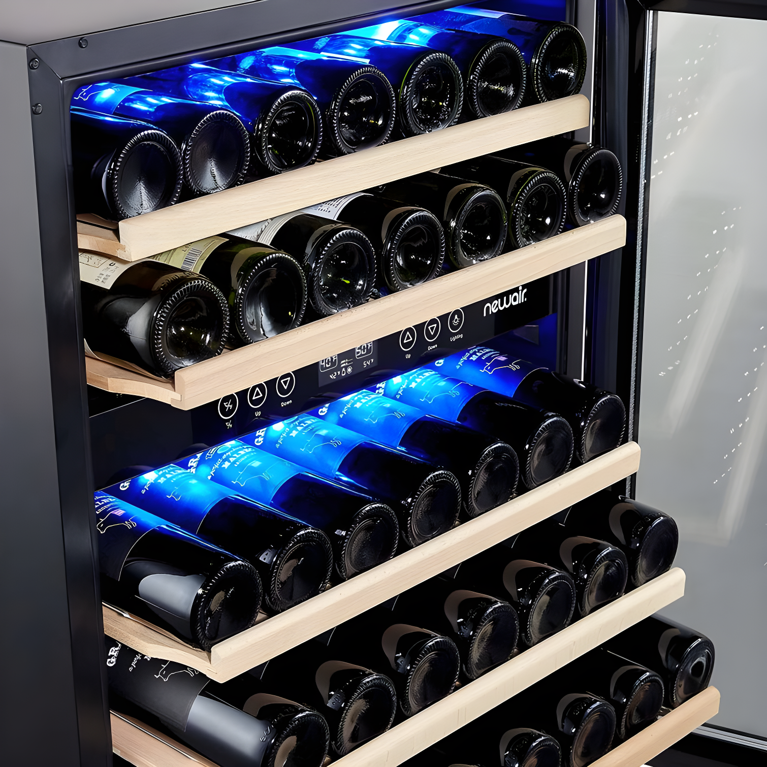 Newair 24” Built-in 46 Bottle Dual Zone Wine Cooler with Removable Beechwood Shelves in Black Stainless Steel