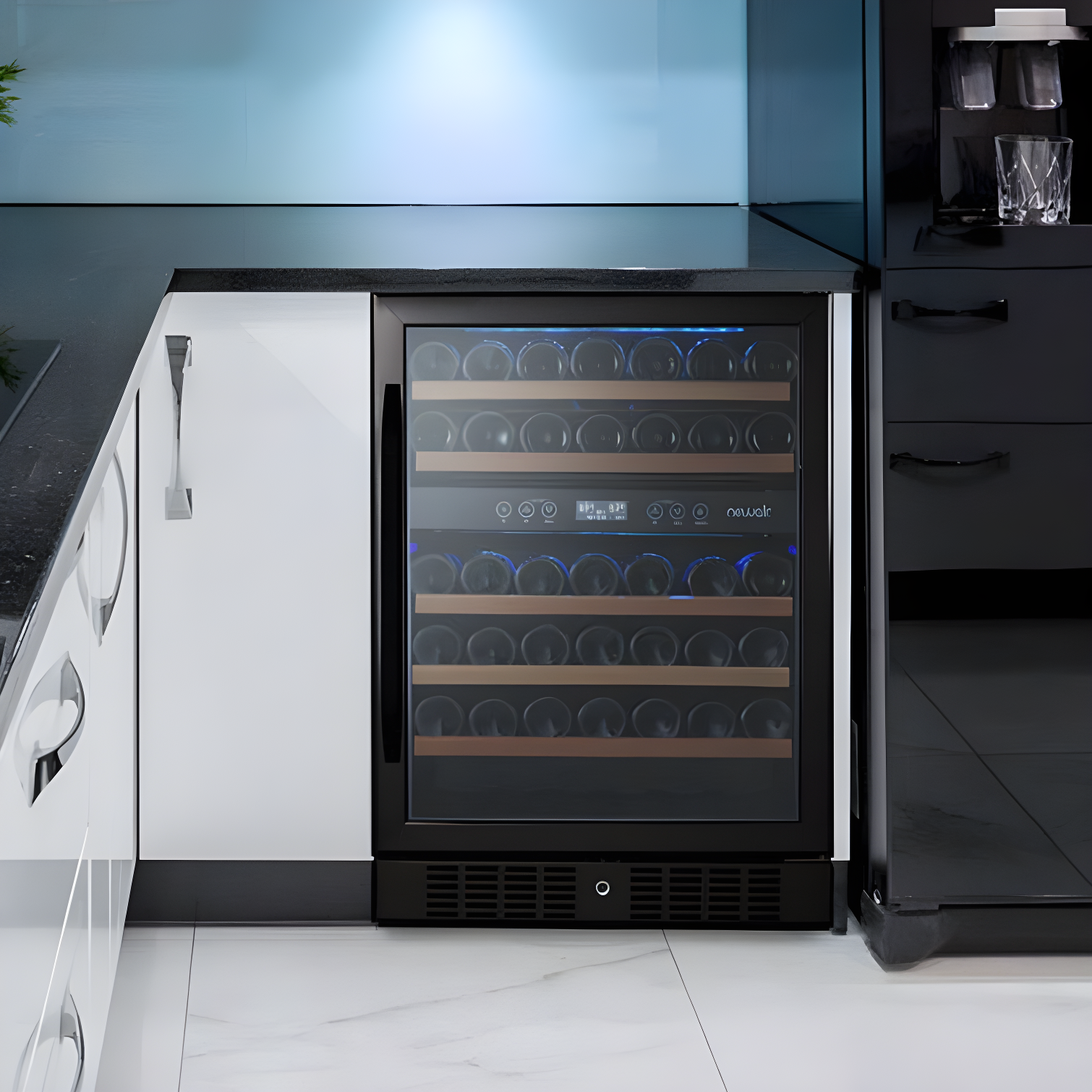Newair 24” Built-in 46 Bottle Dual Zone Wine Cooler with Removable Beechwood Shelves in Black Stainless Steel