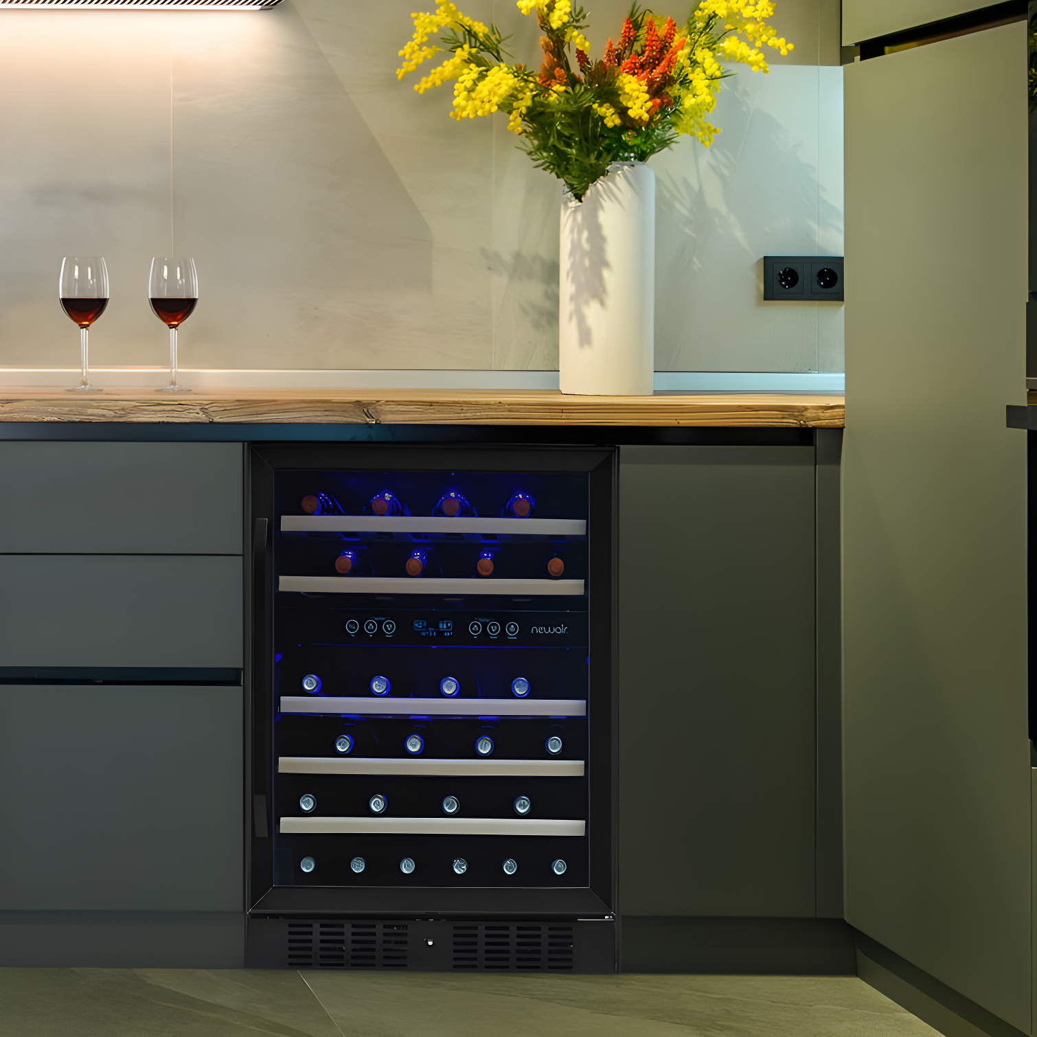 Newair 24” Built-in 46 Bottle Dual Zone Wine Cooler with Removable Beechwood Shelves in Black Stainless Steel