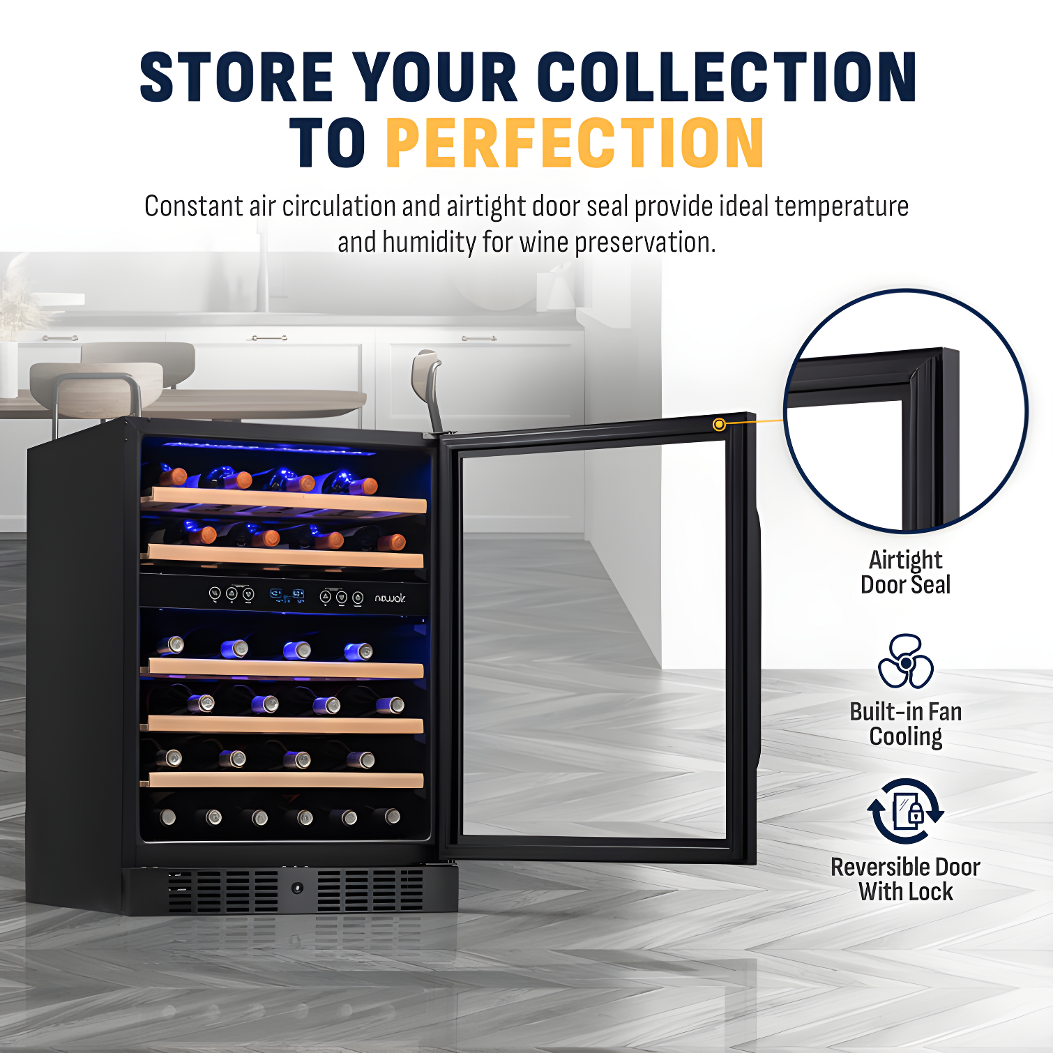 Newair 24” Built-in 46 Bottle Dual Zone Wine Cooler with Removable Beechwood Shelves in Black Stainless Steel