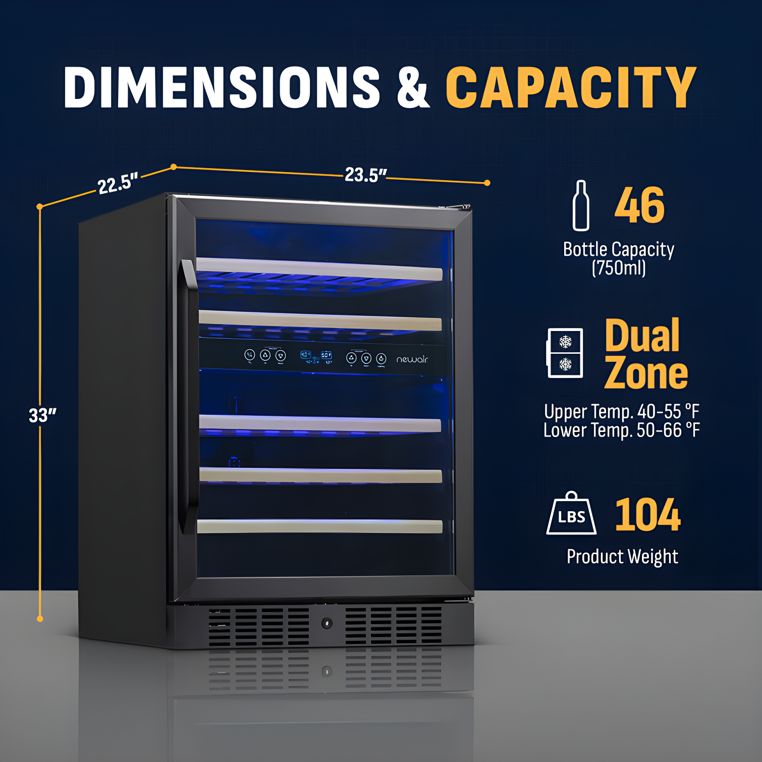 Newair 24” Built-in 46 Bottle Dual Zone Wine Cooler with Removable Beechwood Shelves in Black Stainless Steel