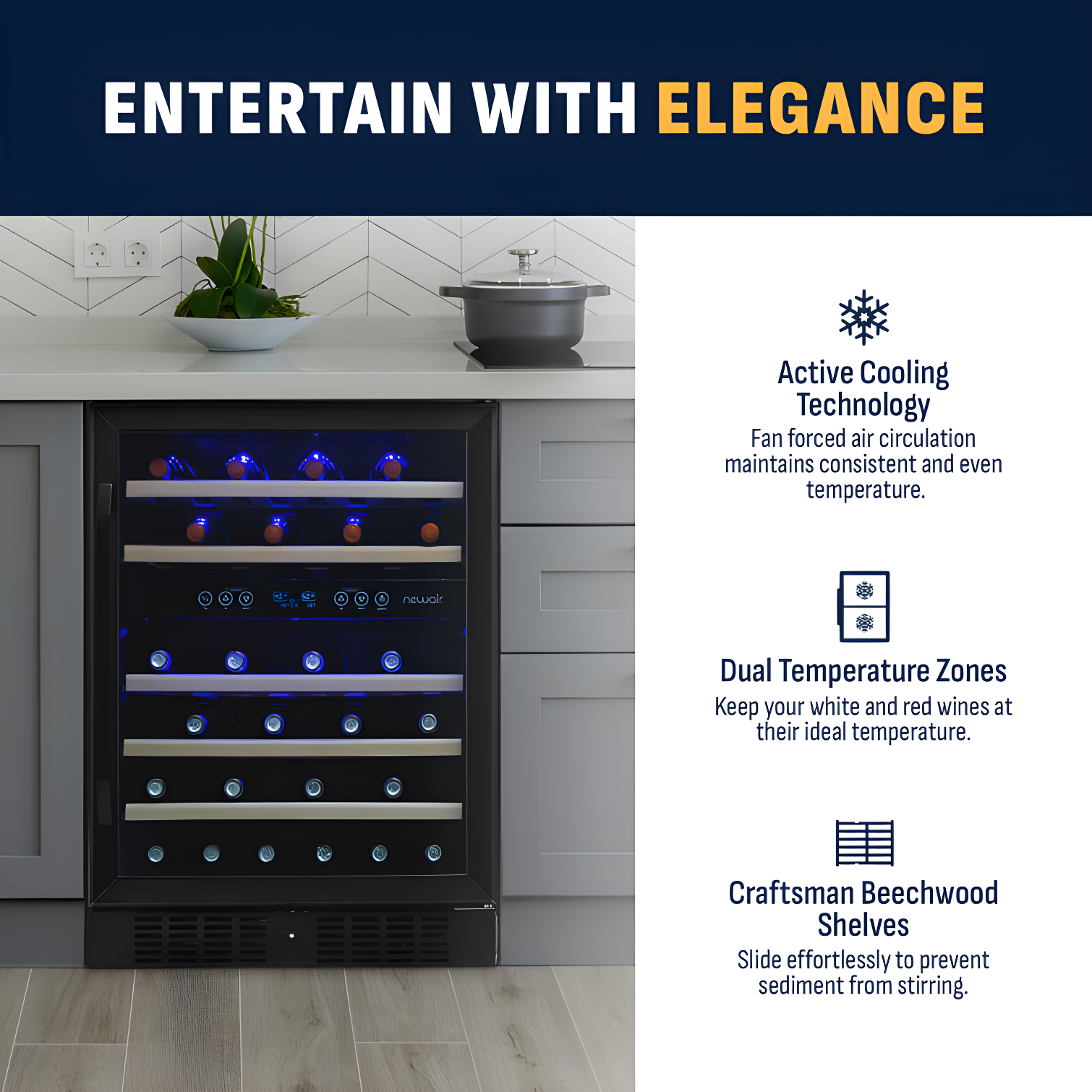 Newair 24” Built-in 46 Bottle Dual Zone Wine Cooler with Removable Beechwood Shelves in Black Stainless Steel
