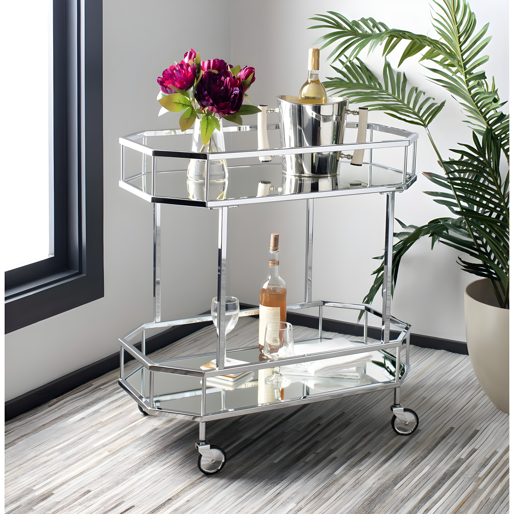 Silva 2 Tier Octagon Bar Cart - BCT8004B - Chrome/Mirror - Safavieh