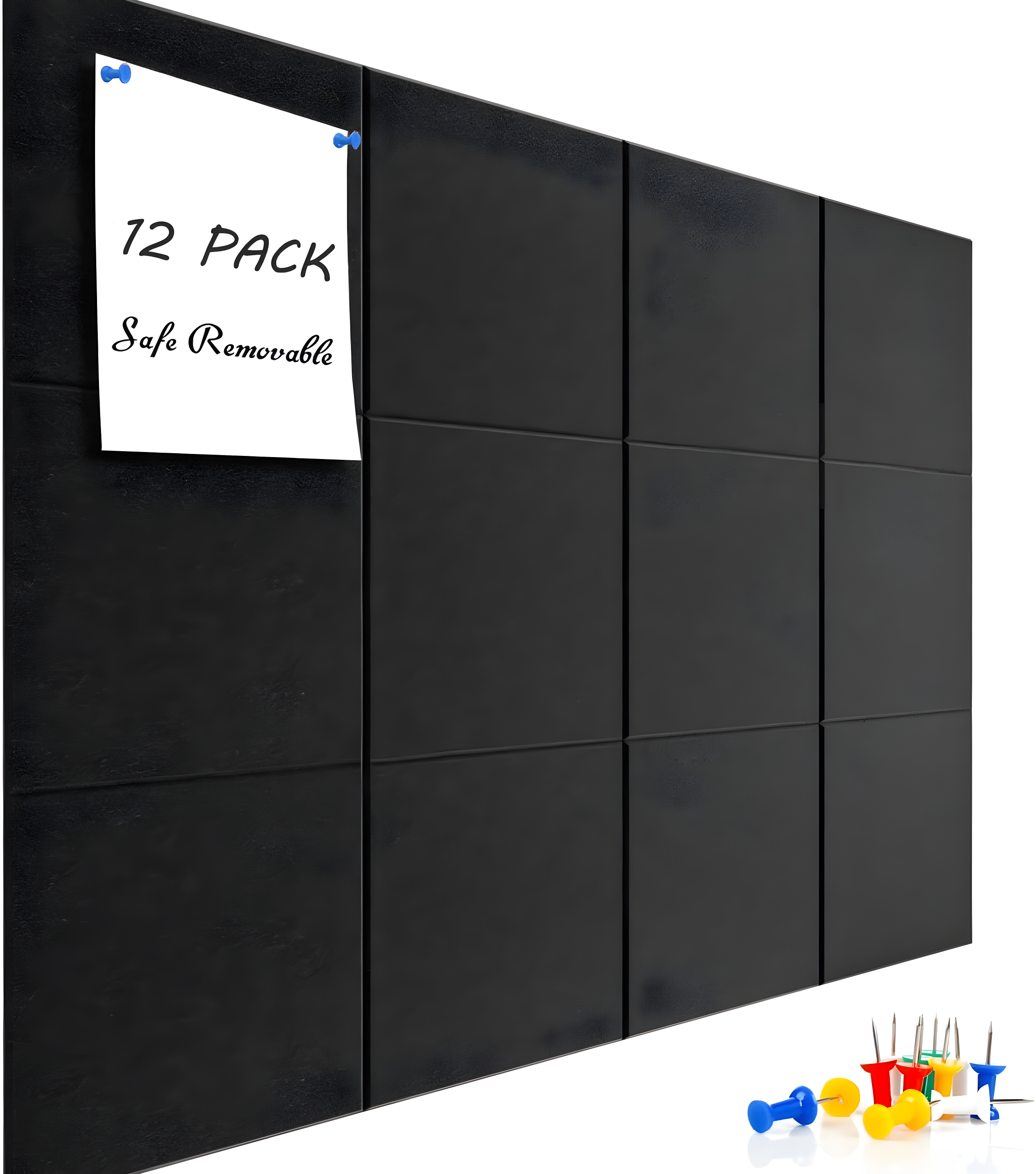 Large Cork Board Alternative 48" x 36", Black Bulletin Board, 12 Pack Felt Wall Tiles With 50 Pushpins, Pin Board Tack Board for Office (Dark Blue)