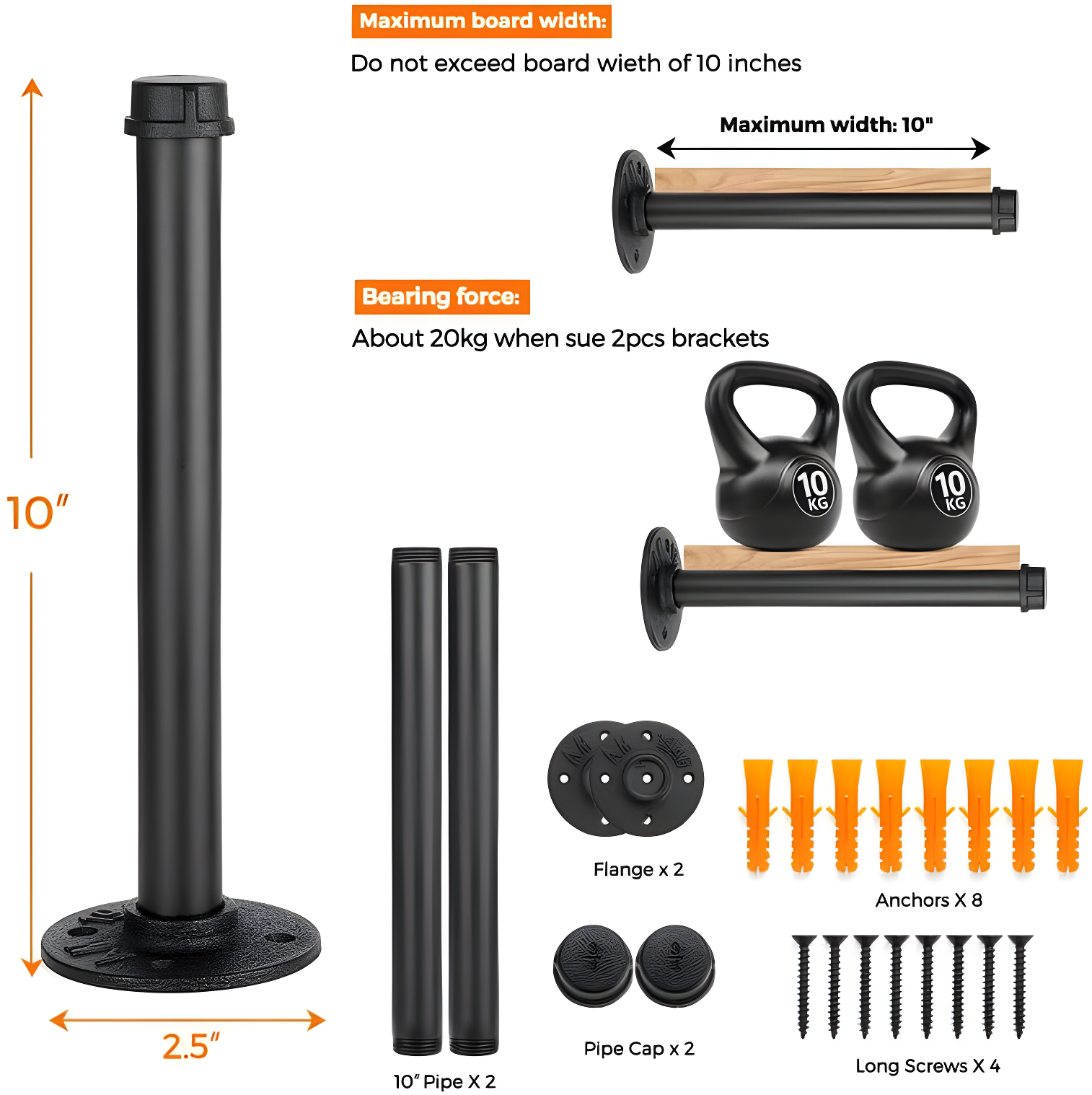 Trent Austin Design® 6 Pcs Industrial Pipe Clothes Bar 10 Inch - Wall Mount Clothing Rack - Face Out Closet Rods