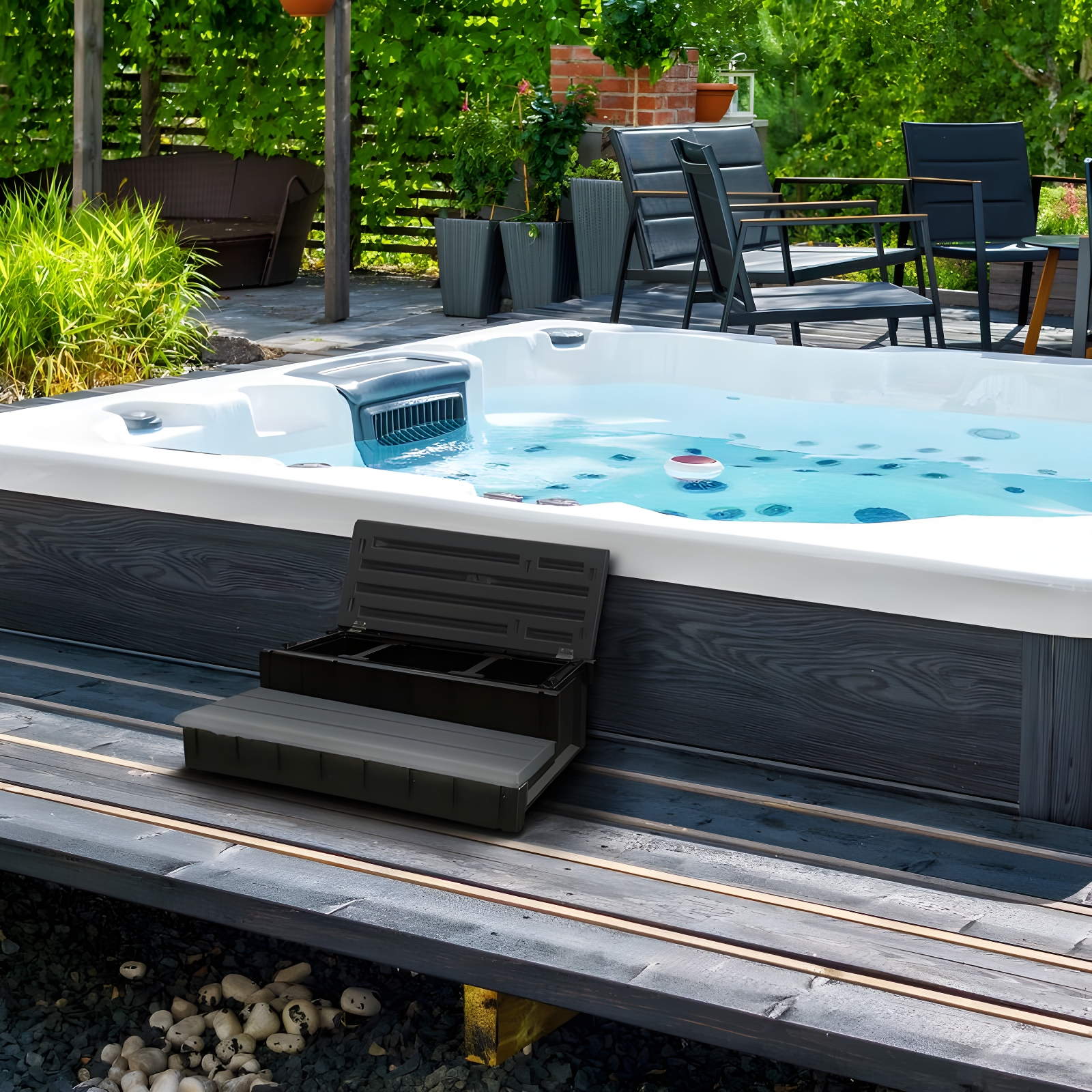Confer Plastics Leisure Accents Durable Multi-Functional Outdoor Spa and Hot Tub Storage Step with Removable Compartment, Deep Gray
