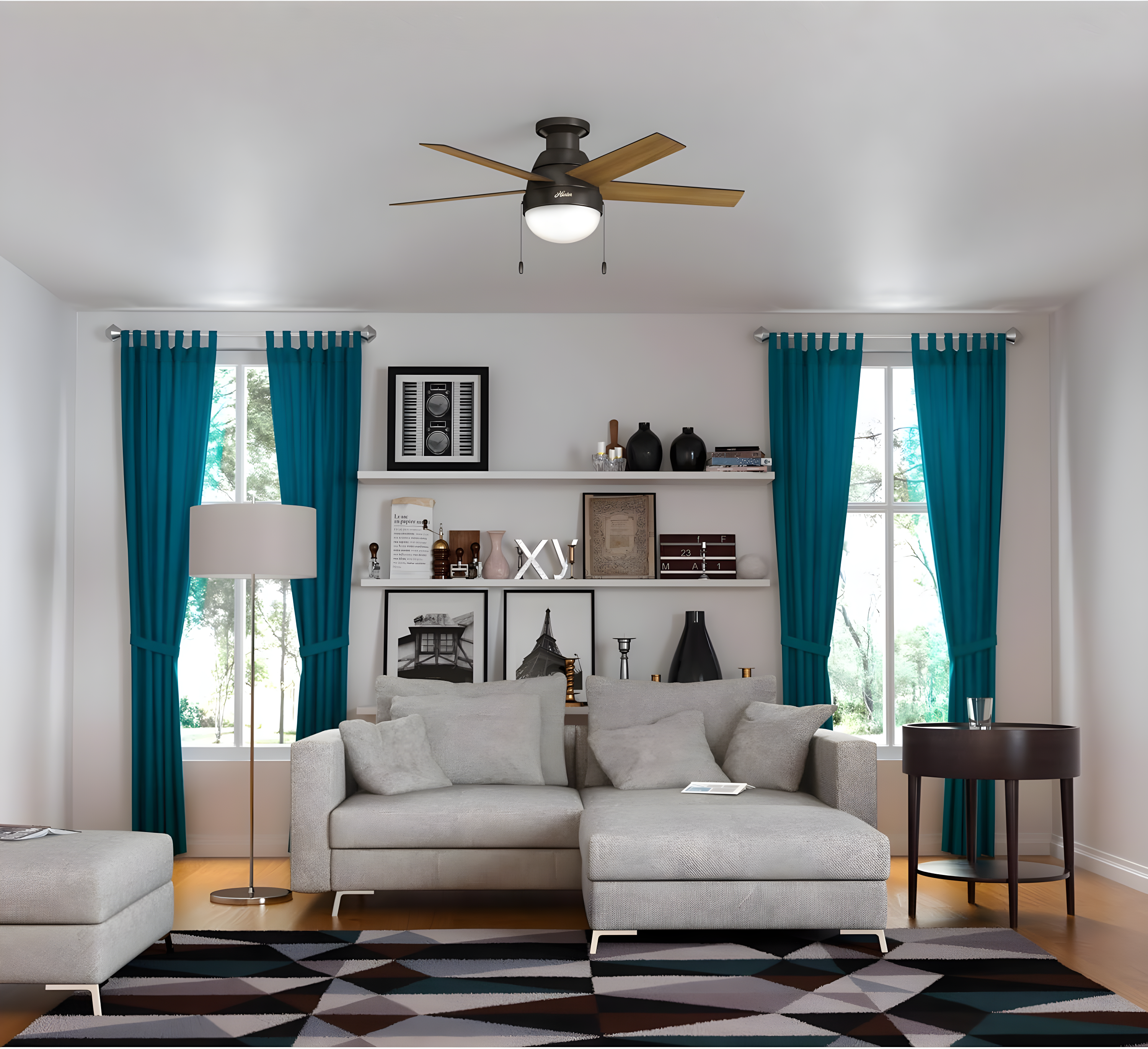 46" Anslee 5 - Blade LED Flush Mount Ceiling Fan with Pull Chain and Light Kit Included