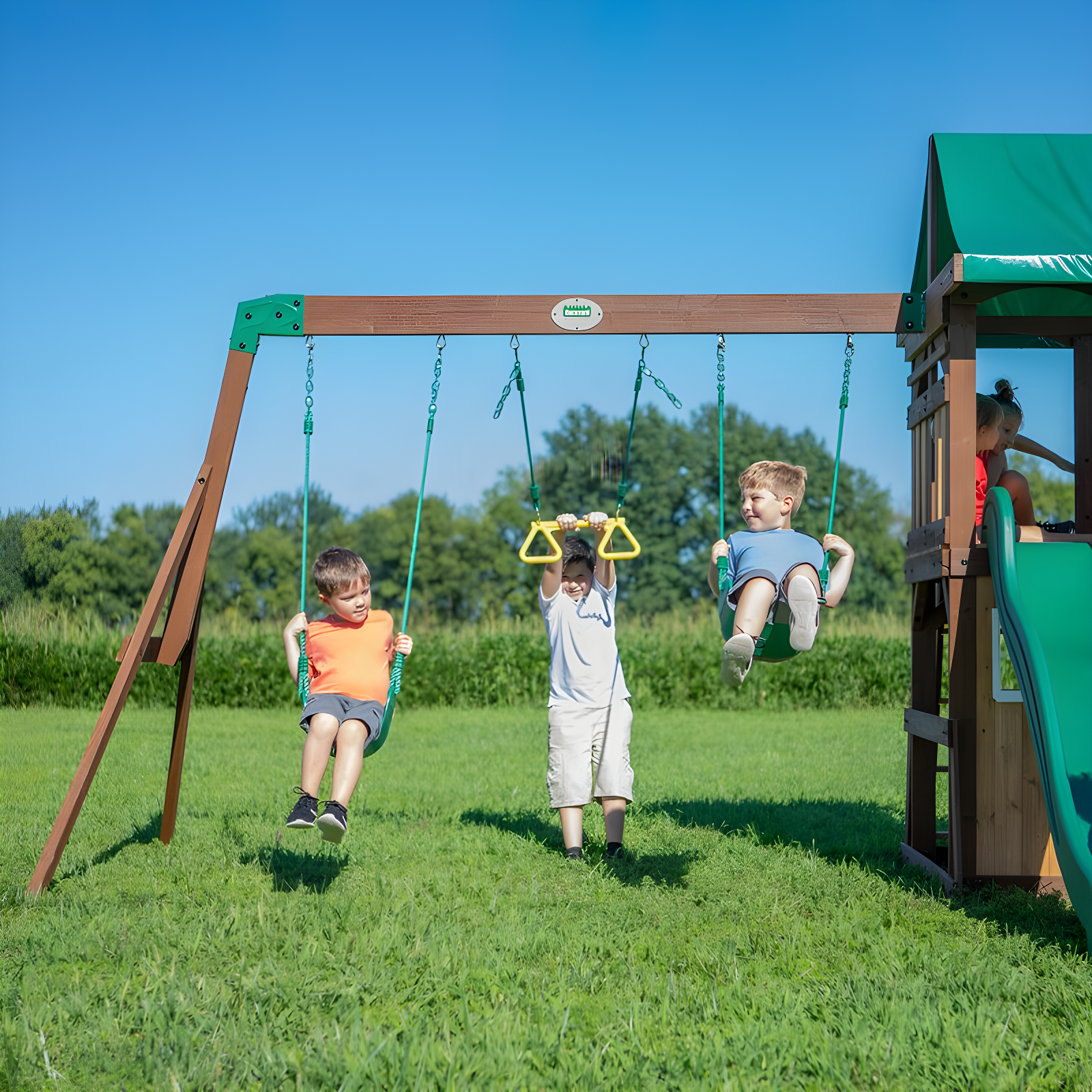 Backyard Discovery Backyard Discovery Lakewood Cedar Wood Swing Set with Wave Slide, Clubhouse, Playhouse, and Snack Bar Window