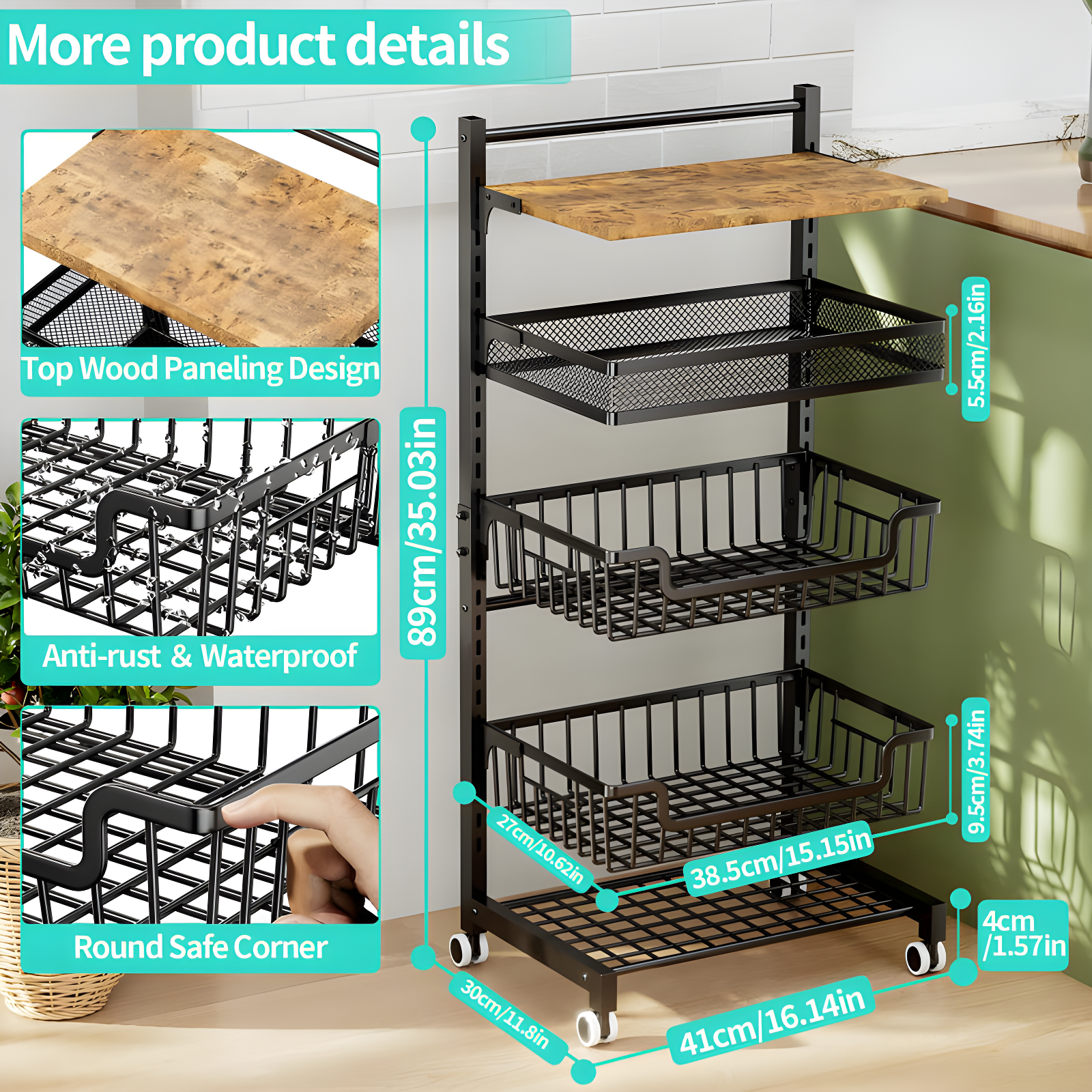 Fruit Basket Kitchen Cart/5 Tier Adjustable Vegetable Basket Storage Cart Standing Floor, Snack Cart With Wheels, Wooden Top Table Fruit Rack Holders Organizers For Onions And Potatoes Bread