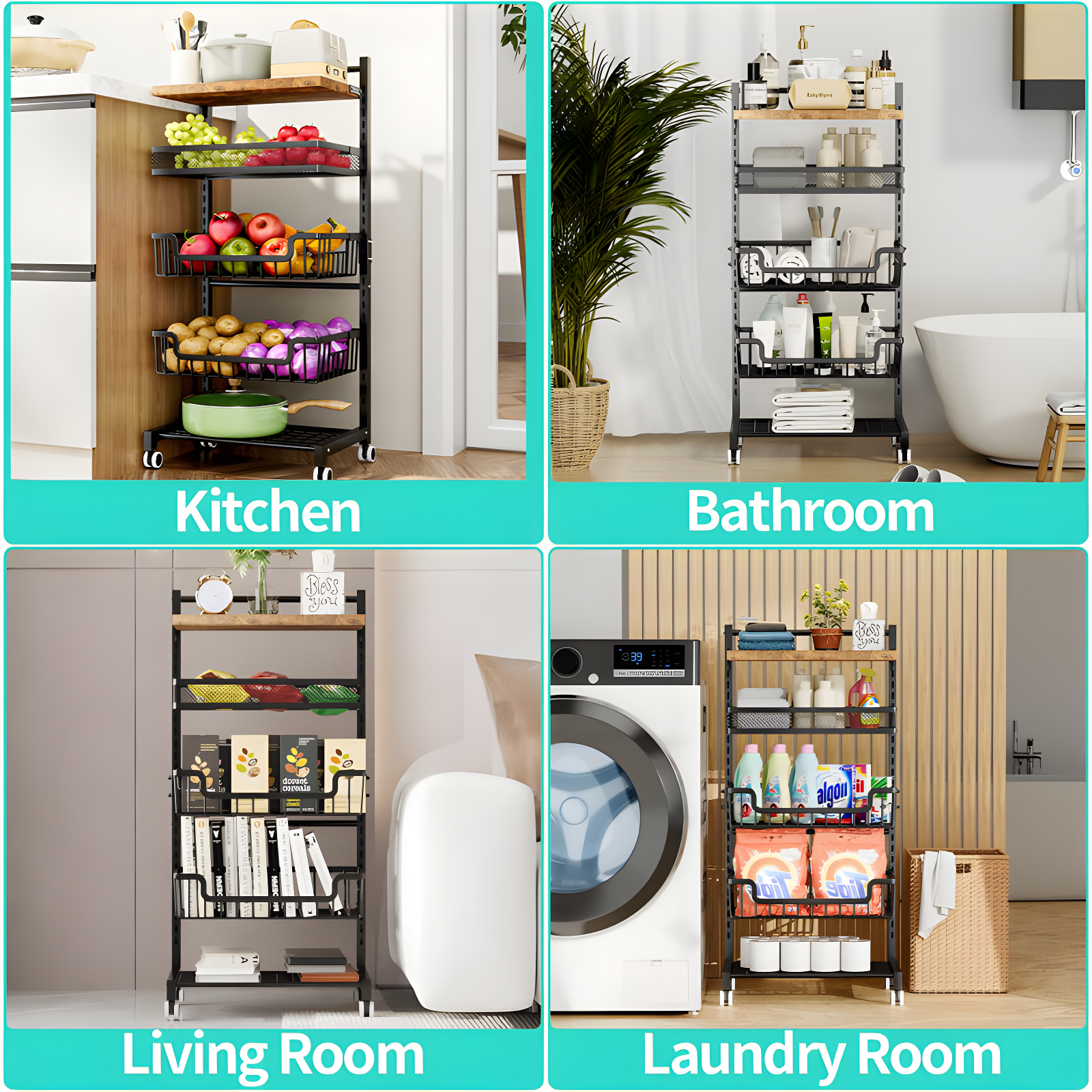 Fruit Basket Kitchen Cart/5 Tier Adjustable Vegetable Basket Storage Cart Standing Floor, Snack Cart With Wheels, Wooden Top Table Fruit Rack Holders Organizers For Onions And Potatoes Bread