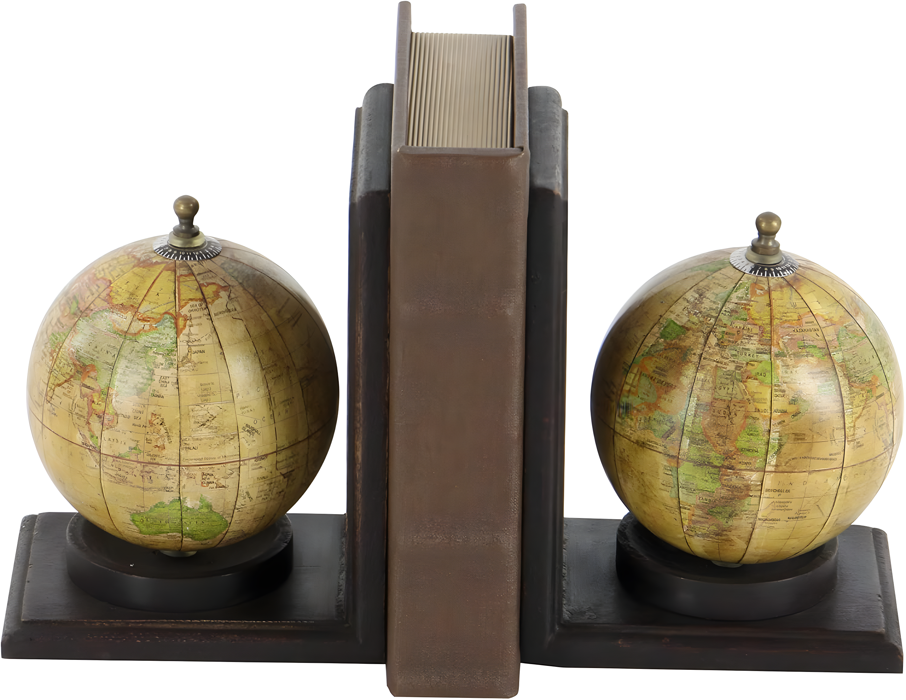 DecMode 6" Globe World Map Brown Wood Bookends (Set of 2)
