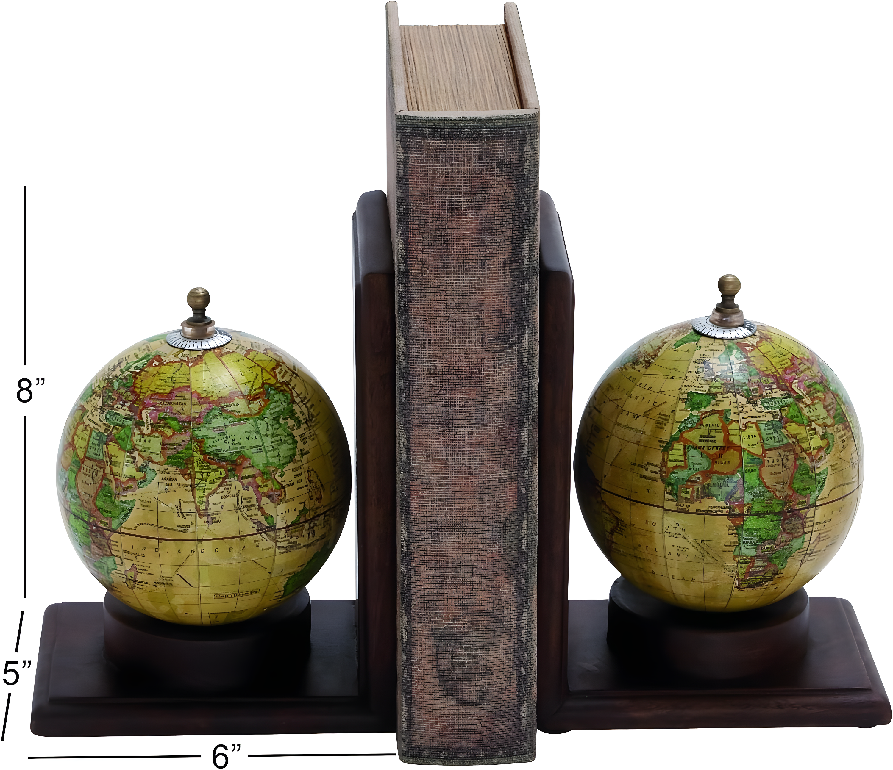 DecMode 6" Globe World Map Brown Wood Bookends (Set of 2)