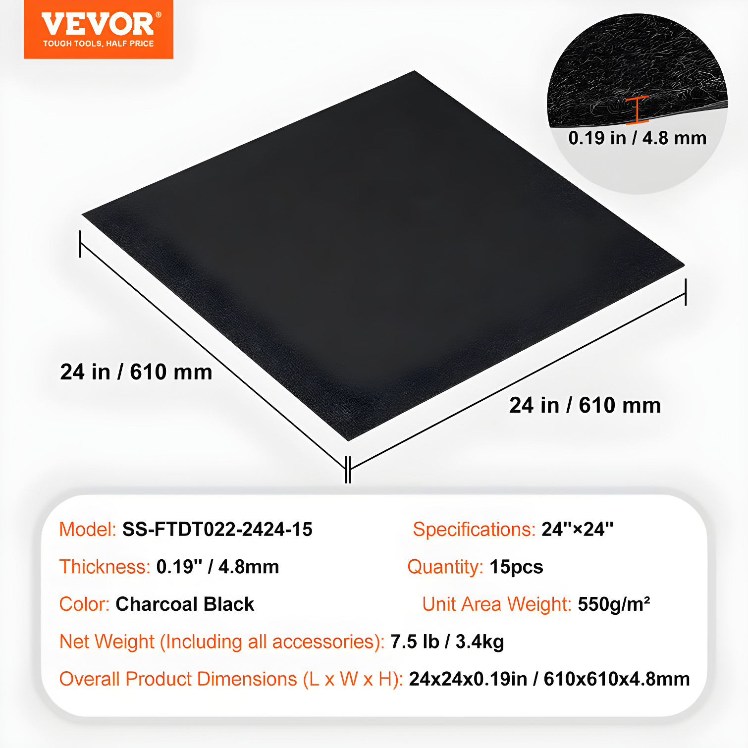 VEVOR 24'' W x 24'' L Level Cut And Loop Polyester Carpet Tile (Set of 15)