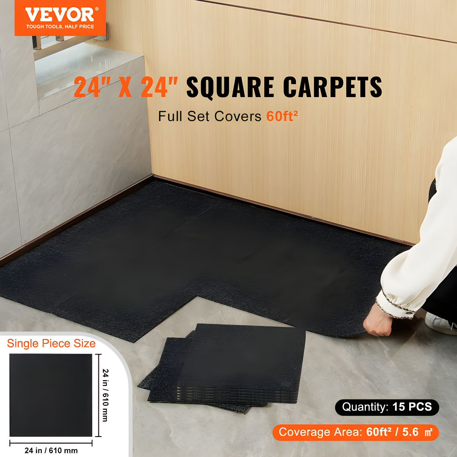 VEVOR 24'' W x 24'' L Level Cut And Loop Polyester Carpet Tile (Set of 15)