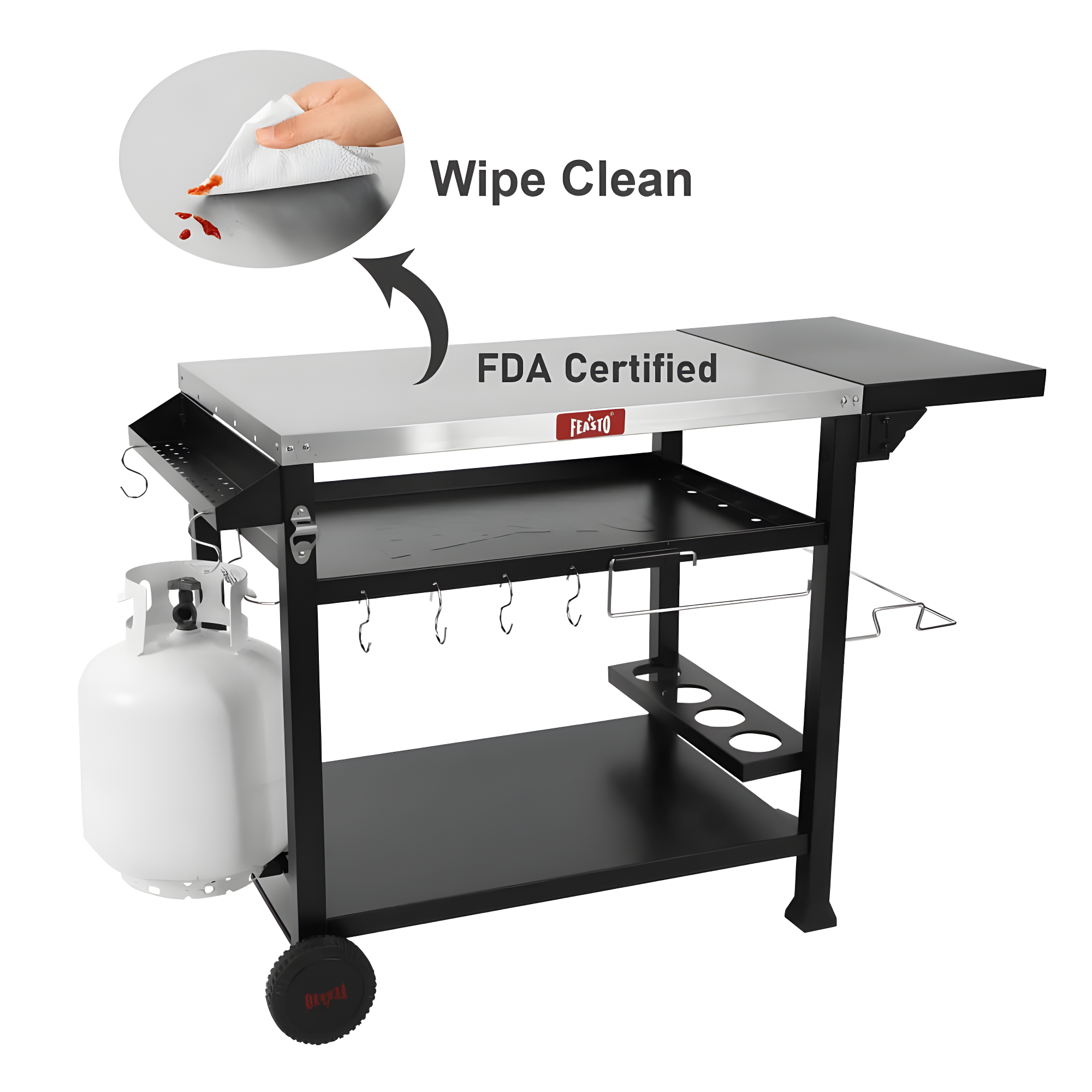 Feasto 50 in. Three-Shelf Stainless Outdoor Movable Food Prep Grill Cart Table with Fordable Side Table