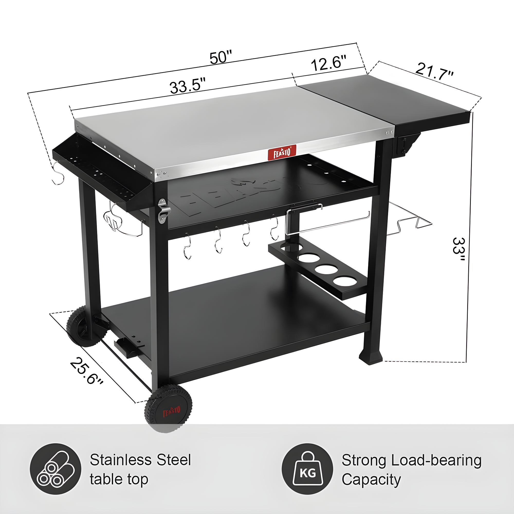 Feasto 50 in. Three-Shelf Stainless Outdoor Movable Food Prep Grill Cart Table with Fordable Side Table