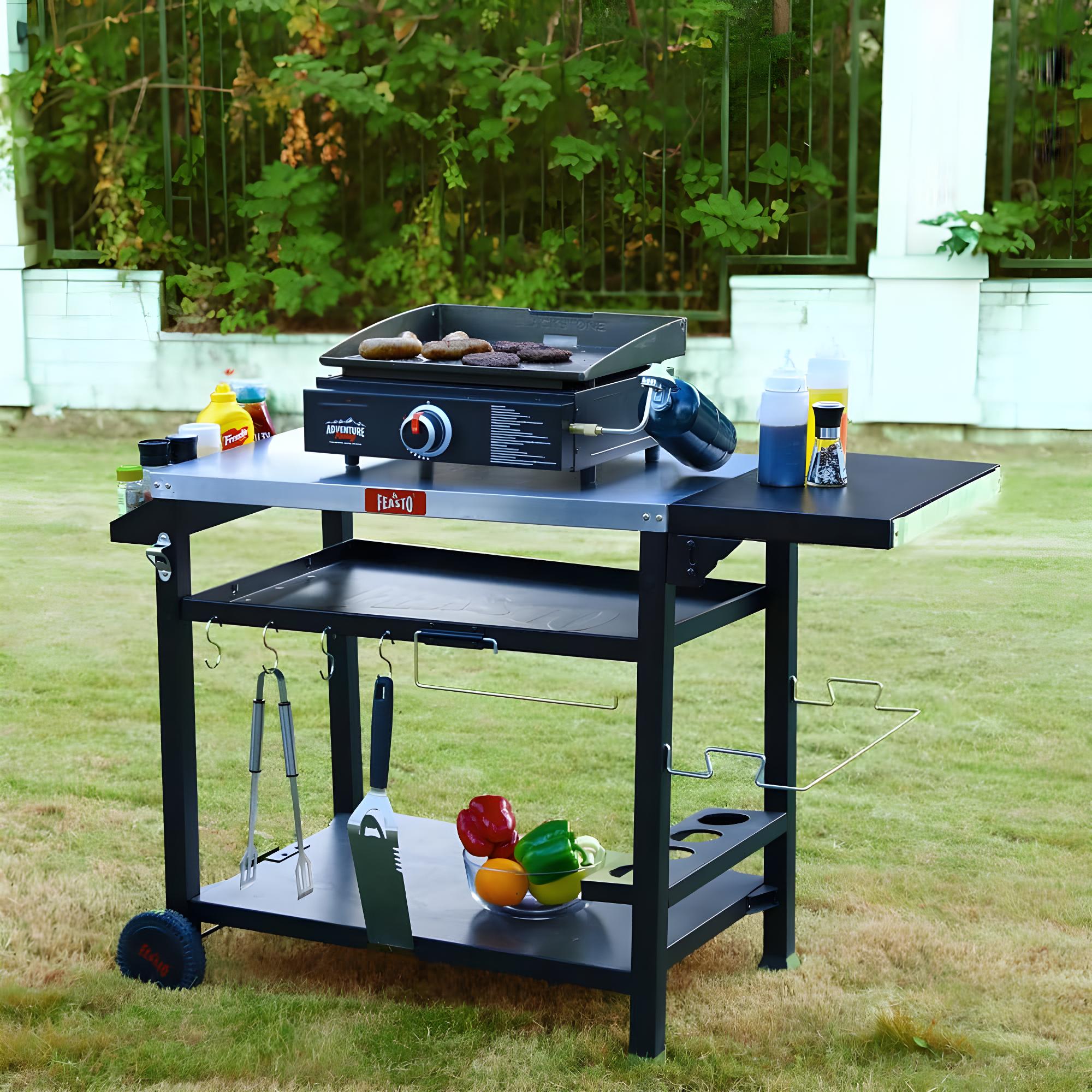 Feasto 50 in. Three-Shelf Stainless Outdoor Movable Food Prep Grill Cart Table with Fordable Side Table