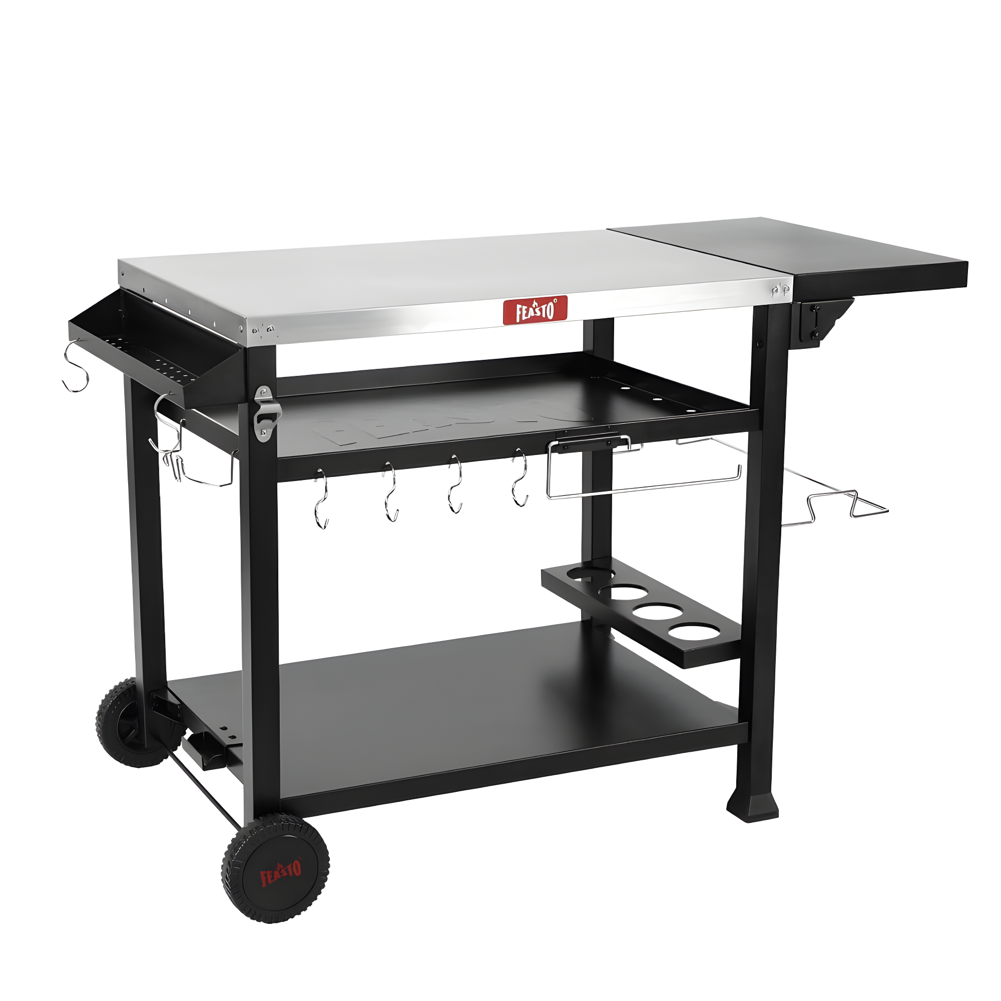 Feasto 50 in. Three-Shelf Stainless Outdoor Movable Food Prep Grill Cart Table with Fordable Side Table