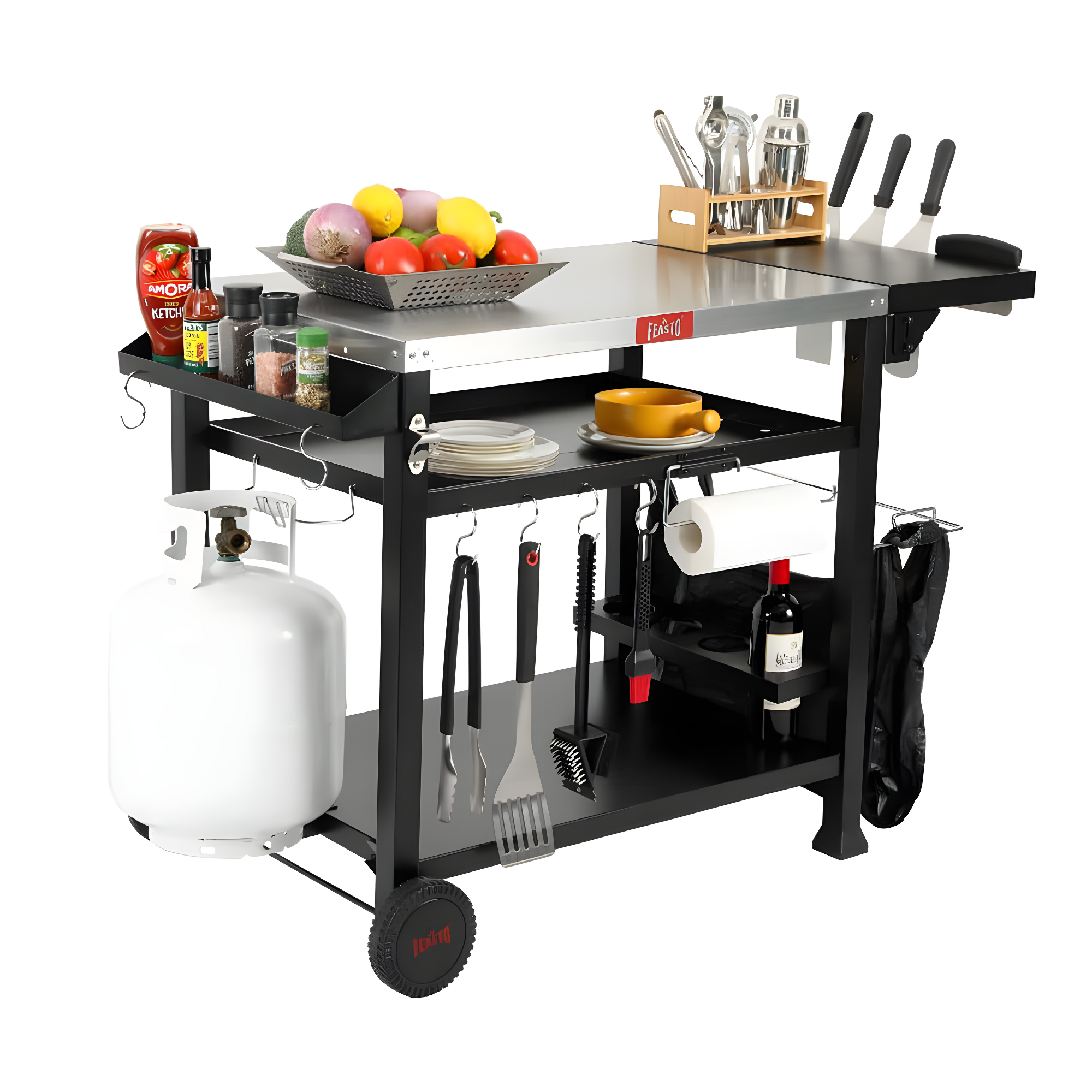 Feasto 50 in. Three-Shelf Stainless Outdoor Movable Food Prep Grill Cart Table with Fordable Side Table