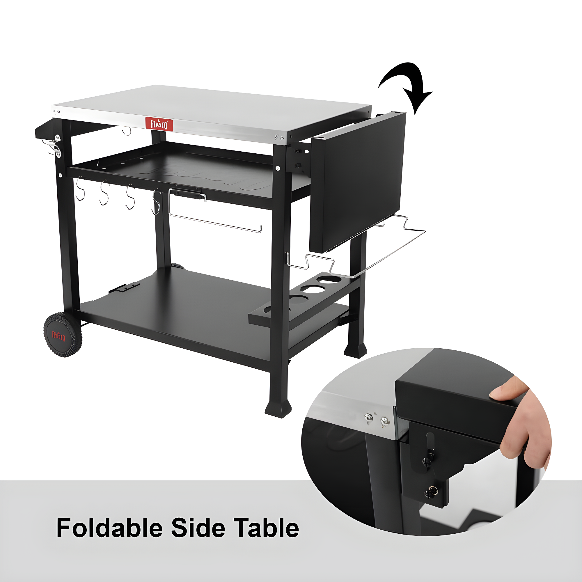Feasto 50 in. Three-Shelf Stainless Outdoor Movable Food Prep Grill Cart Table with Fordable Side Table