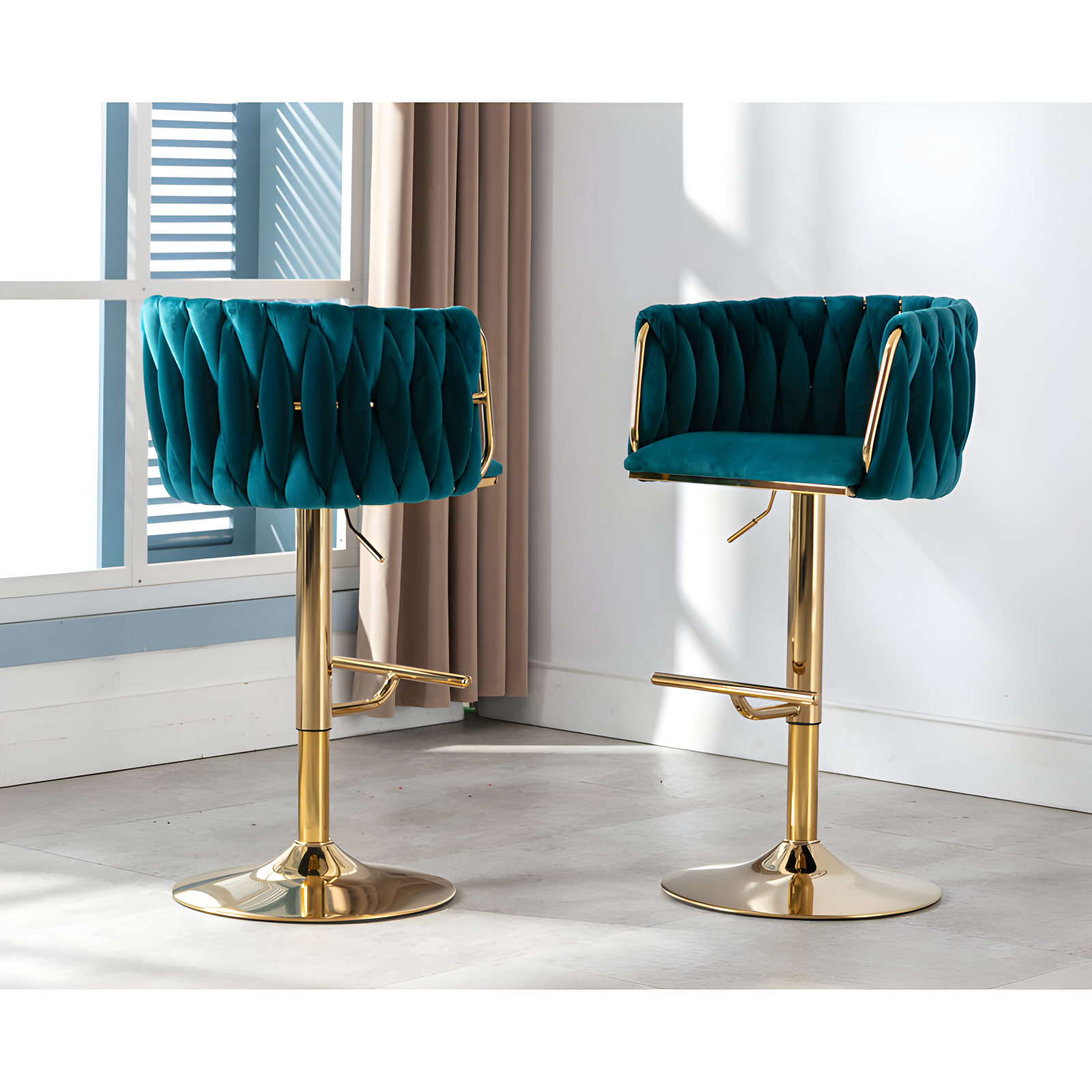 Everly Quinn Swivel Adjustable Height Bar Stool Modern Velvet Barstool with Barrel Back Kitchen Island Counter Bar Chair with Golden Base