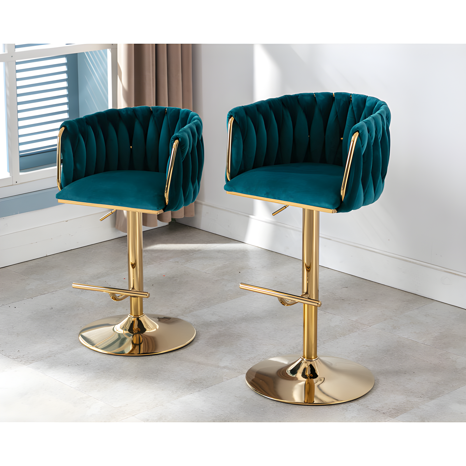 Everly Quinn Swivel Adjustable Height Bar Stool Modern Velvet Barstool with Barrel Back Kitchen Island Counter Bar Chair with Golden Base