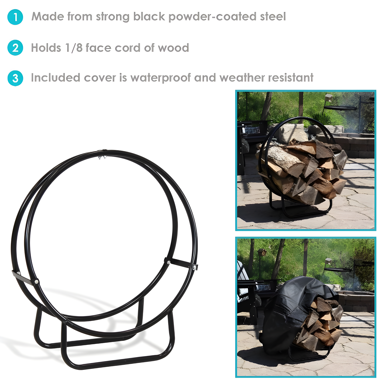 Sunnydaze Outdoor Heavy-Duty Steel Firewood Log Hoop Storage Rack with Weather-Resistant PVC Log Hoop Cover - 24" - Black