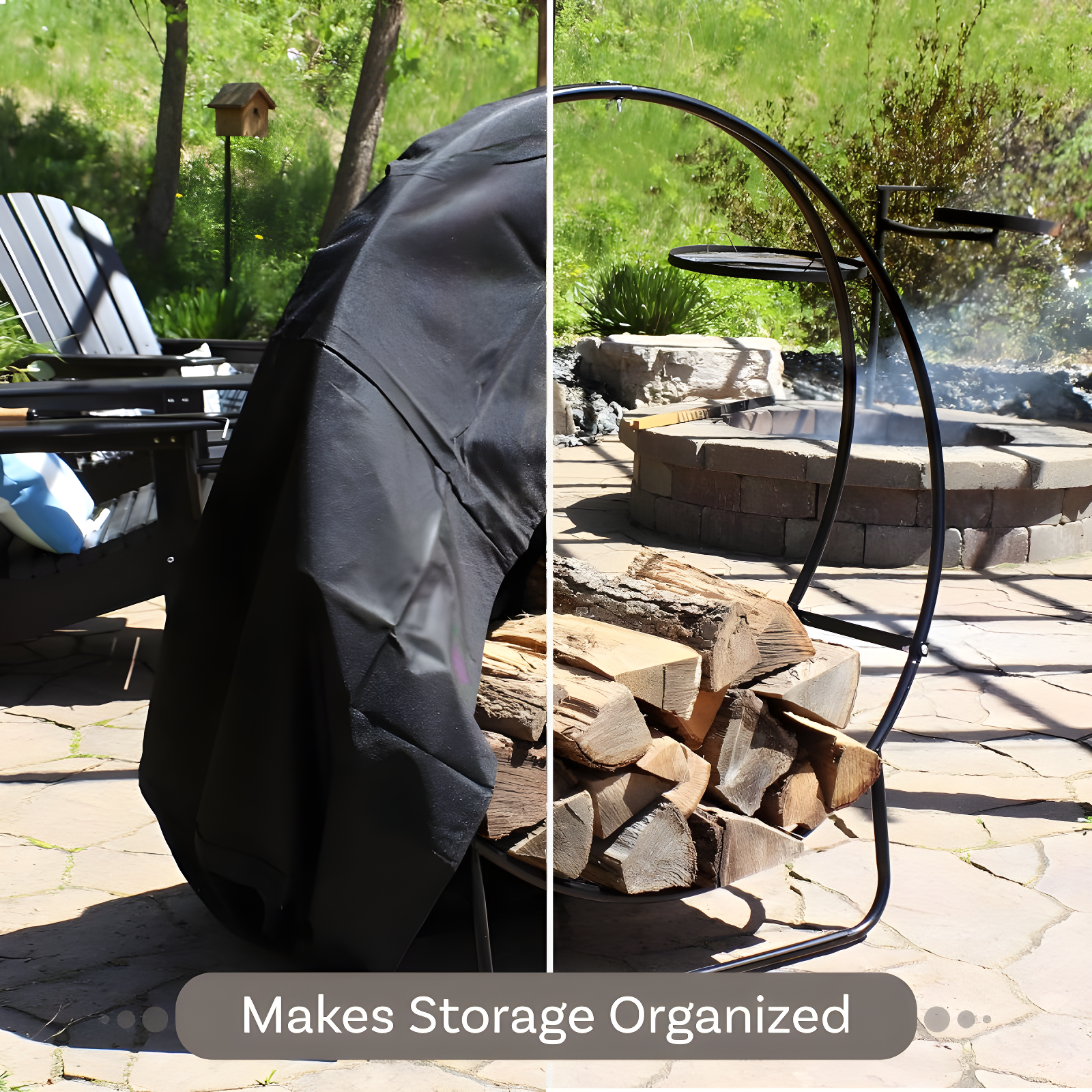 Sunnydaze Outdoor Heavy-Duty Steel Firewood Log Hoop Storage Rack with Weather-Resistant PVC Log Hoop Cover - 24" - Black