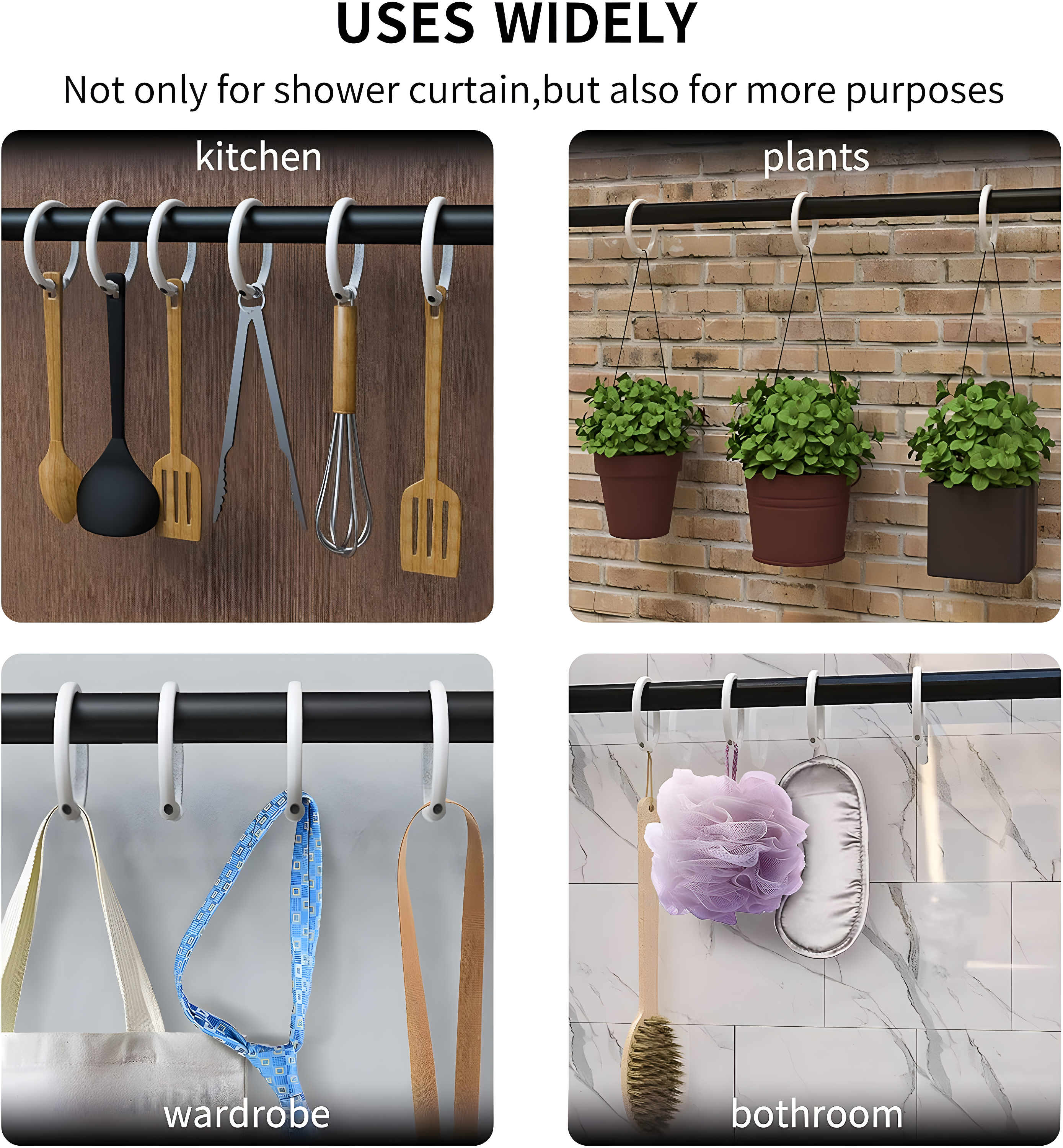 Evideco Solid Plastic Shower Curtain Hooks Rings (Set of 12)
